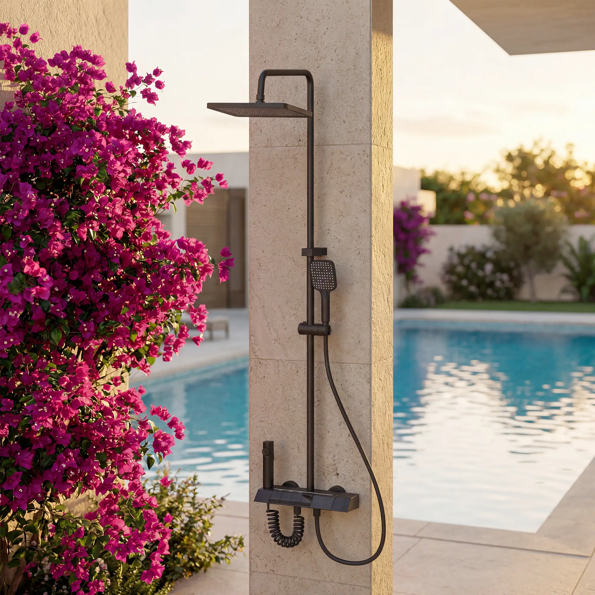 Left. Famapy - Thermostatic Shower System with LED Temperature Display 4-Mode Rainfall Shower Combo with Handheld,Waterfall&Spray Gun - Black.