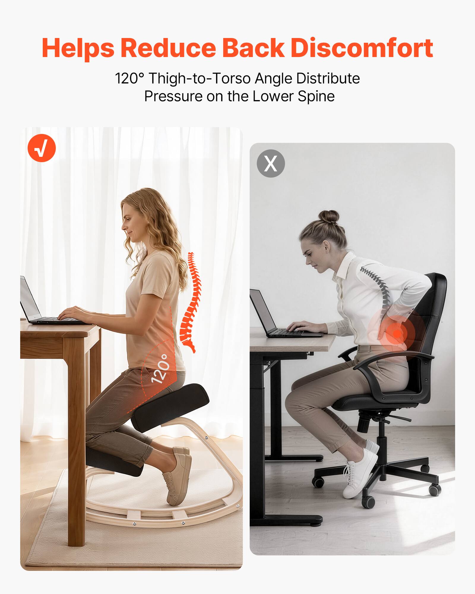 Helps Reduce Back Discomfort  
120° Thigh-to-Torso Angle Distribute Pressure on the Lower Spine