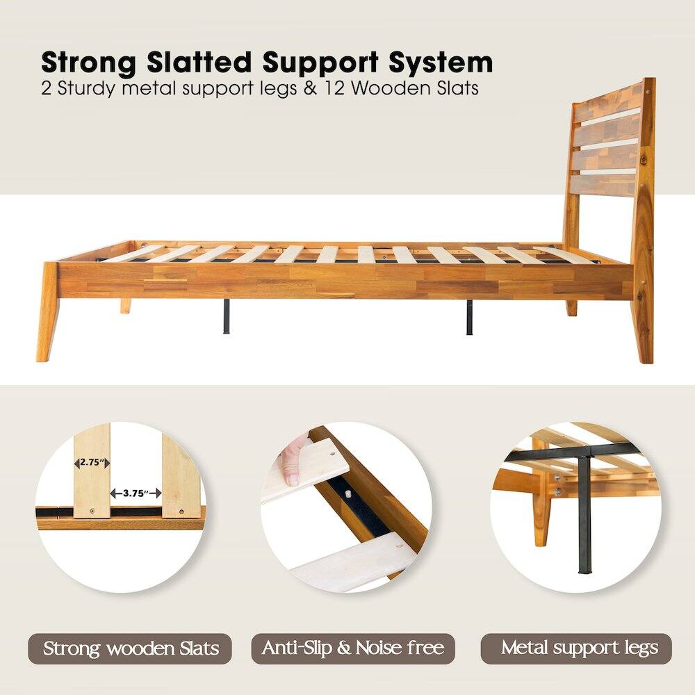 Strong Slatted Support System  
2 Sturdy metal support legs & 12 Wooden Slats  
2.75" 75 3.75"  
Strong wooden Slats  
Anti-Slip & Noise free  
Metal support legs