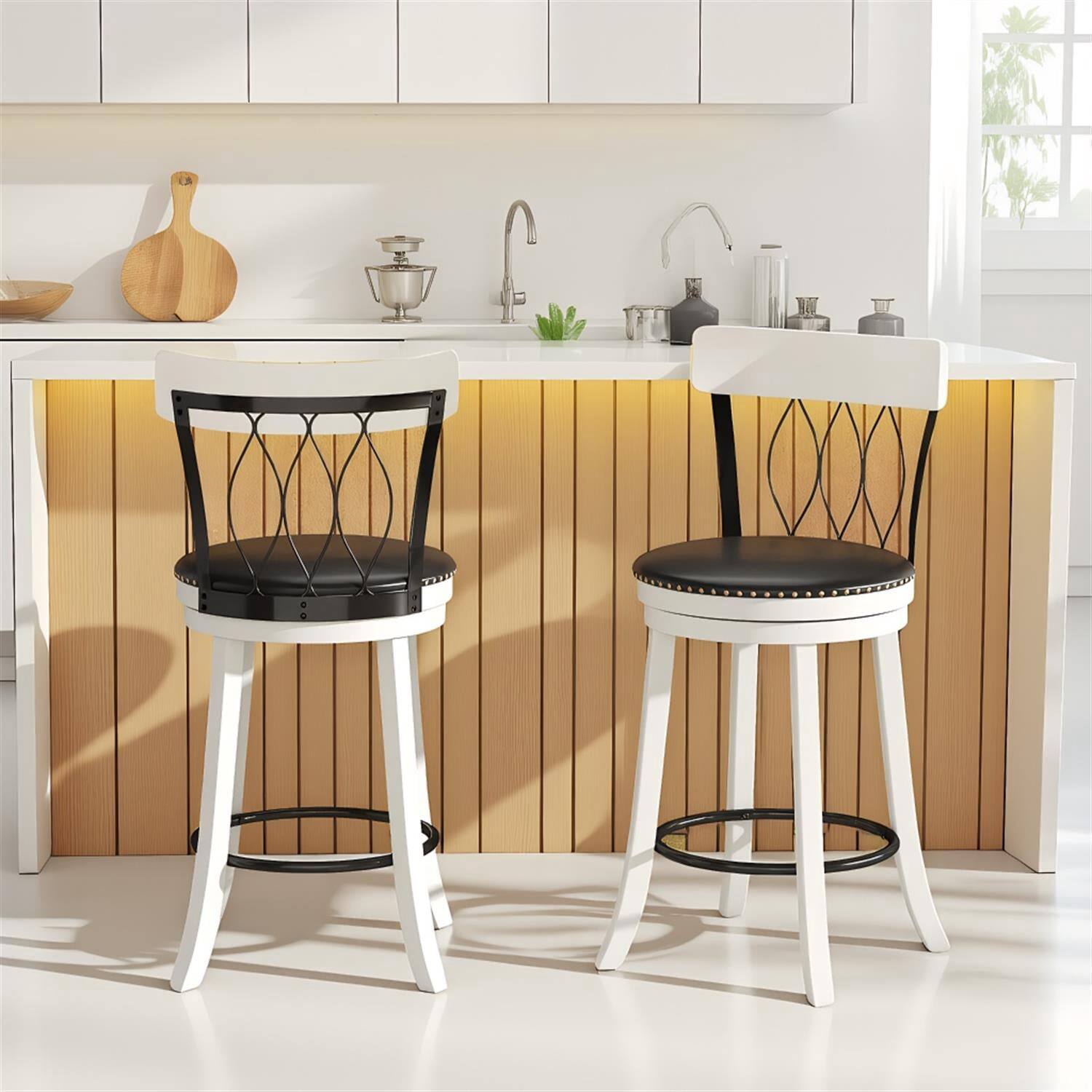 Front. Pefilos - 26 Inch 360° Swivel Bar Stools Set of 2, Rubber Wood Frame Tufted Rivets with Footrest, Bar Chairs - Black.