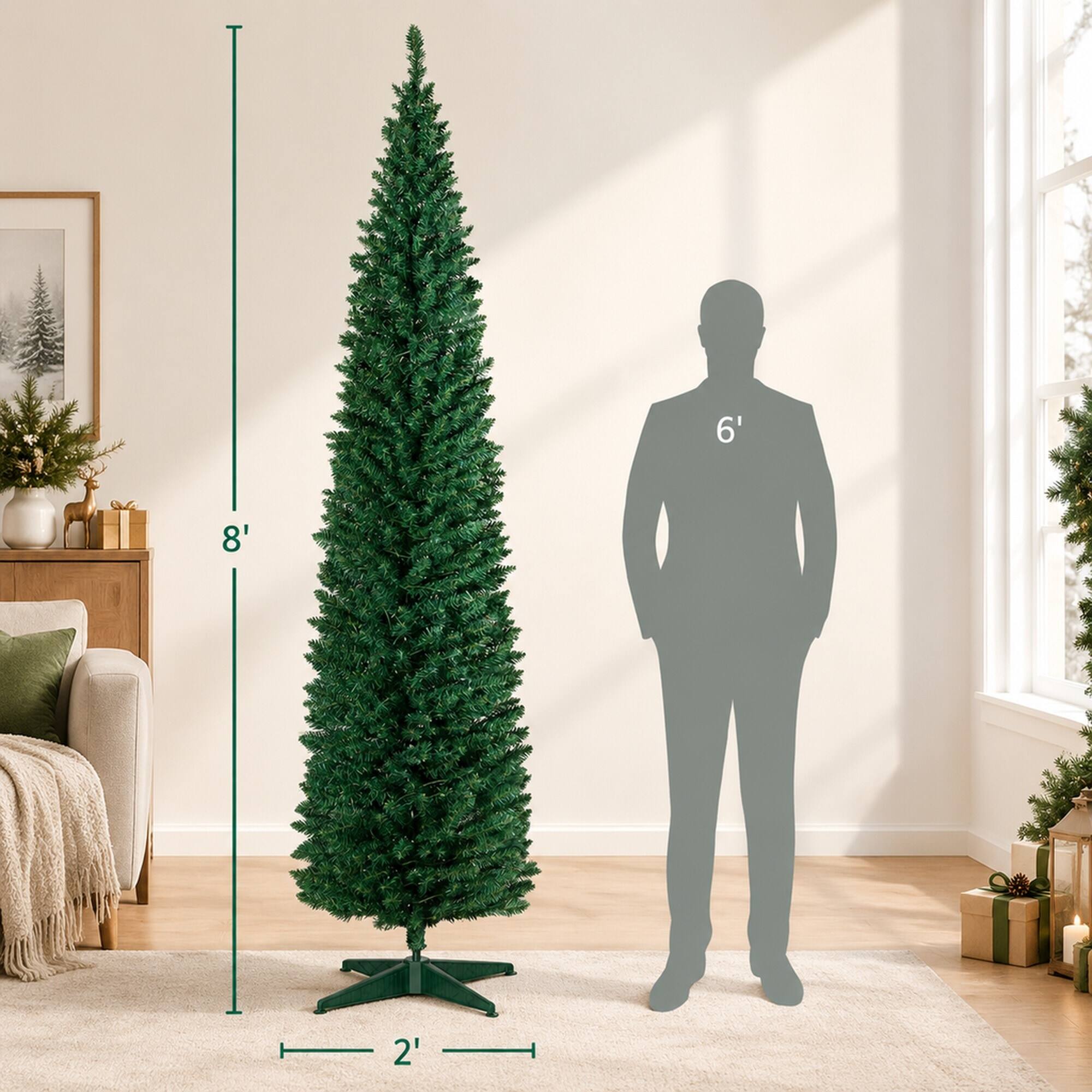 Alt View 3. RYHNUYNE - 8 Ft Pre-Lit Slim Noble Fir Artificial Christmas Tree With 300 Warm White LED Lights, 618 Tips Metal Stand Decor - Green.