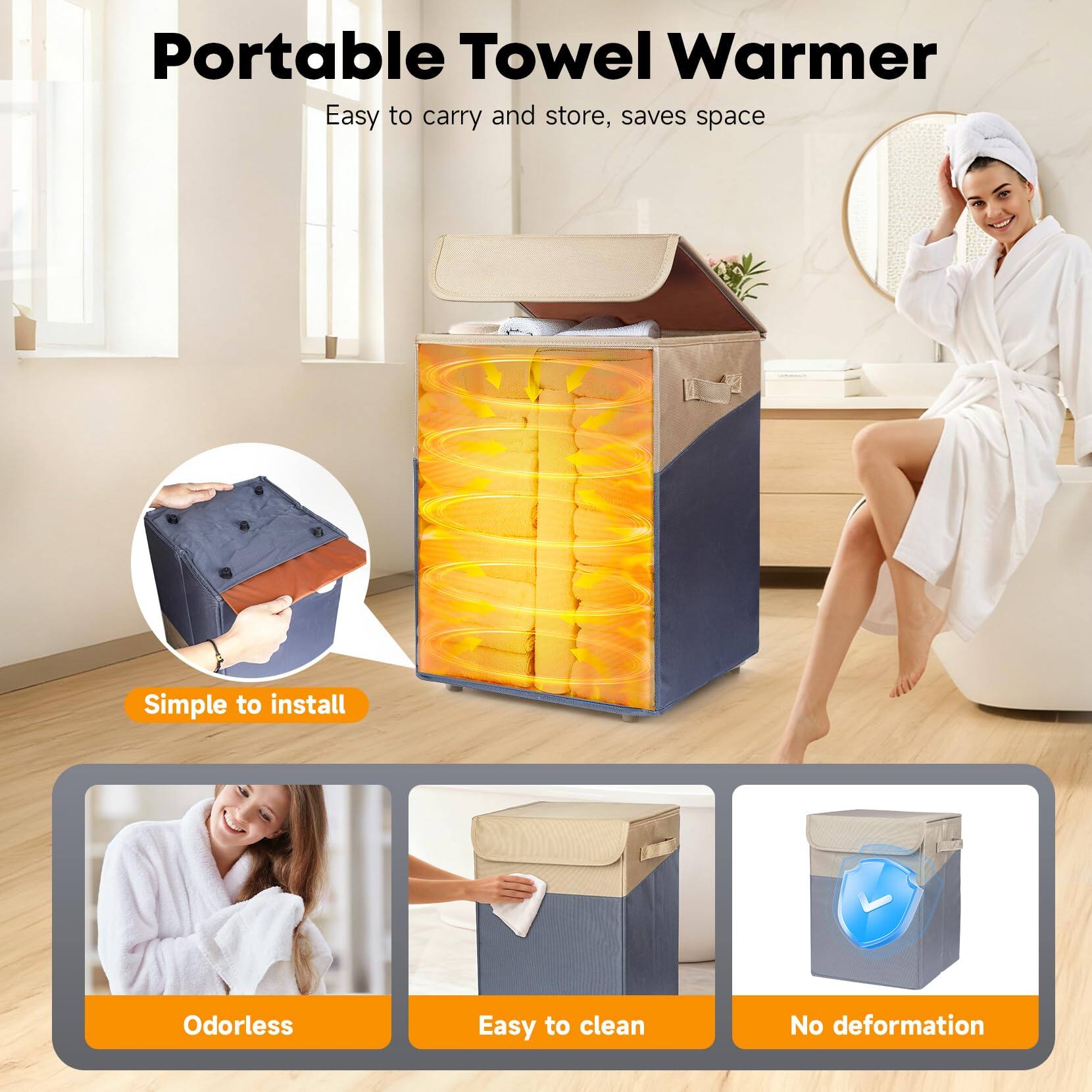 Portable Towel Warmer  
Easy to carry and store, saves space  

- Simple to install  
- Odorless  
- Easy to clean  
- No deformation