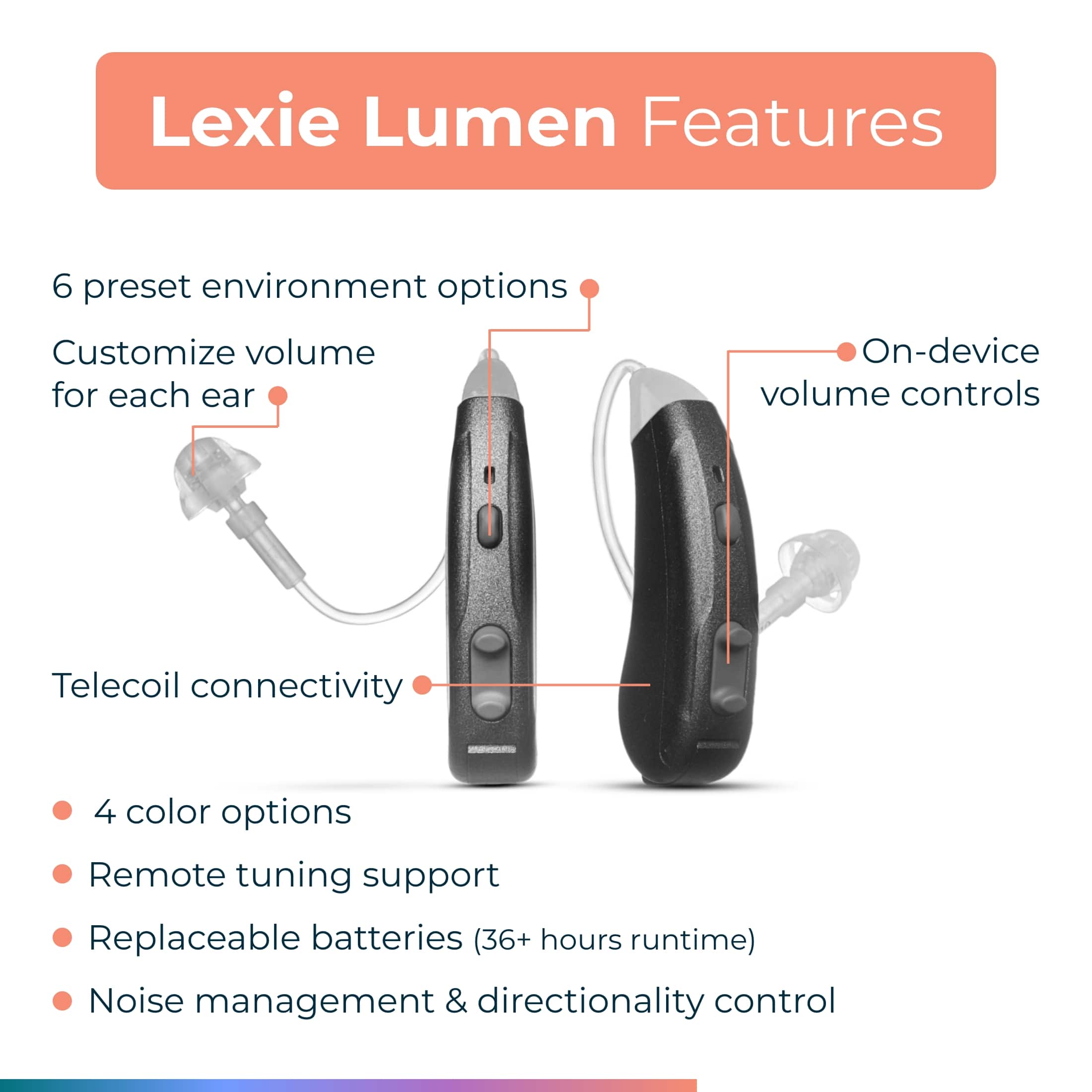 Lexie Lumen Features:
1. 6 preset environment options
2. Customize volume for each ear
3. On-device volume controls
4. Telecoil connectivity
5. 4 color options
6. Remote tuning support
7. Replaceable batteries (36+ hours runtime)
8. Noise management & directionality control