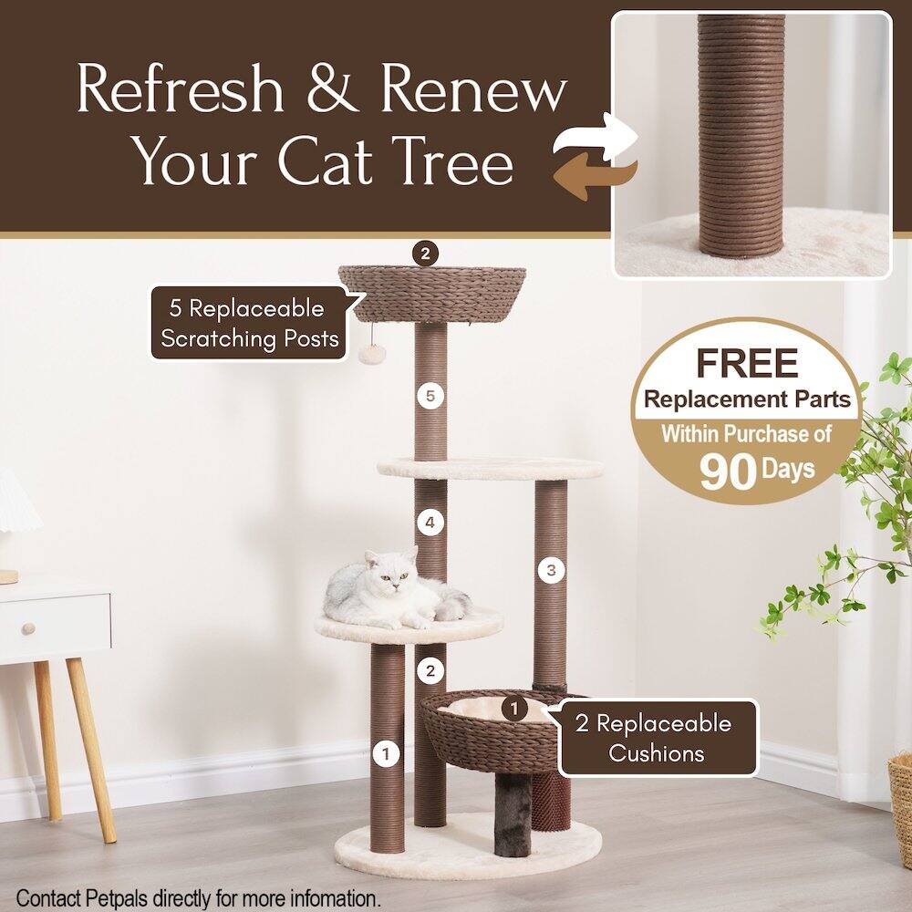 Refresh & Renew Your Cat Tree

- 5 Replaceable Scratching Posts
- 2 Replaceable Cushions

FREE Replacement Parts Within Purchase of 90 Days

Contact Petpals directly for more information.