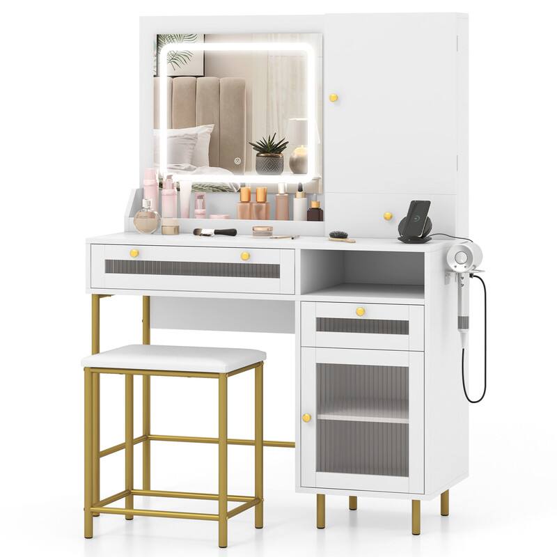 Front. WELLFOR - Modern Vanity Set with LED Light Mirror & Charging Station, Makeup Vanity Desk with Storage Stool,Jewelry Cabinet - White.
