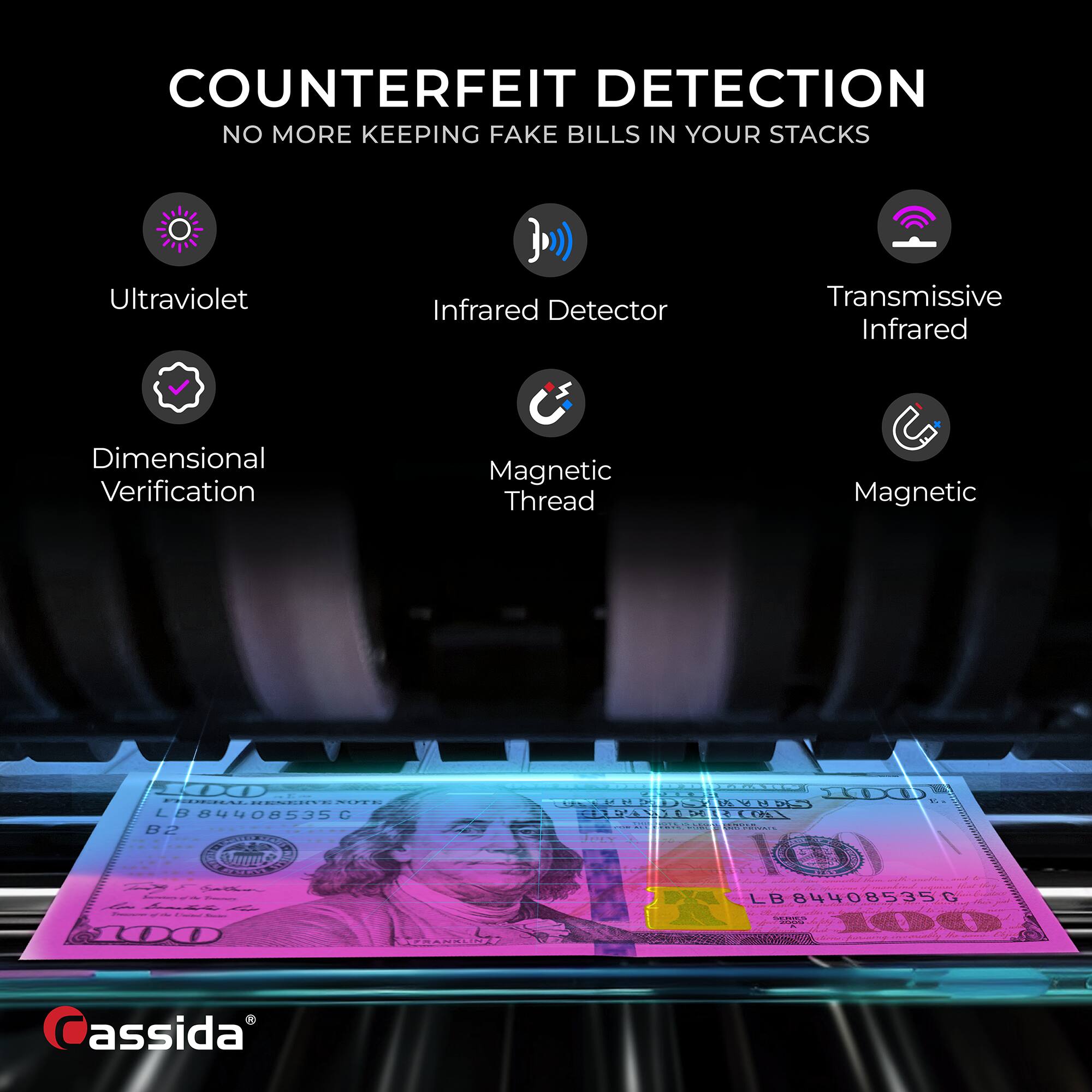 COUNTERFEIT DETECTION  
NO MORE KEEPING FAKE BILLS IN YOUR STACKS  

- Ultraviolet  
- Infrared Detector  
- Transmissive Infrared  
- Dimensional Verification  
- Magnetic Thread  
- Magnetic  

LB844085350  
B2  

Cassida