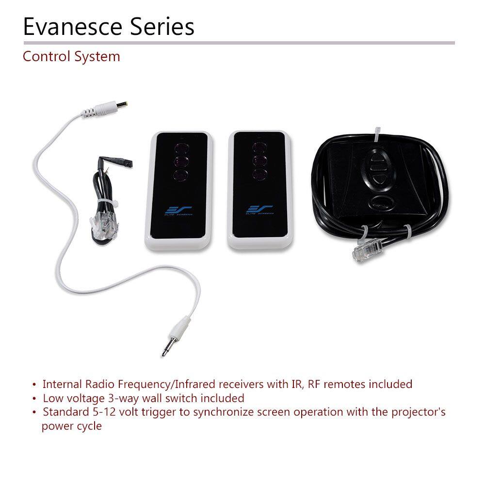 Evanesce Series  
Control System

- Internal Radio Frequency/Infrared receivers with IR, RF remotes included
- Low voltage 3-way wall switch included
- Standard 5-12 volt trigger to synchronize screen operation with the projector's power cycle