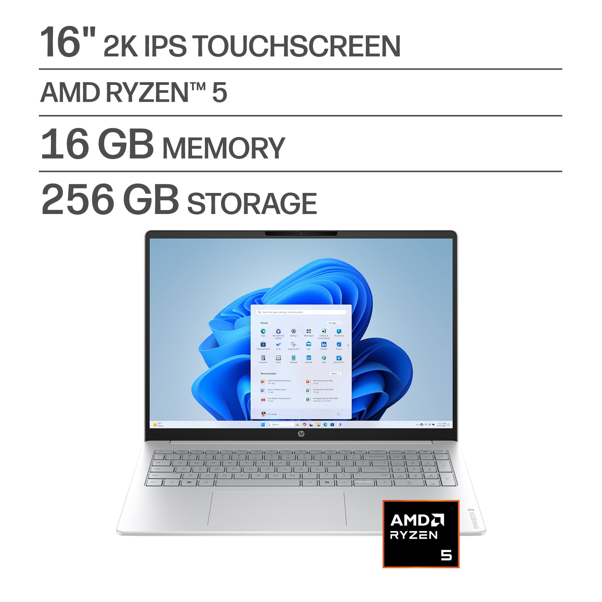 HP - OmniBook 3 - 16" 2K Touchscreen Laptop - AMD Ryzen 5 40 - 16GB Memory - 256GB SSD - Glacier Silver