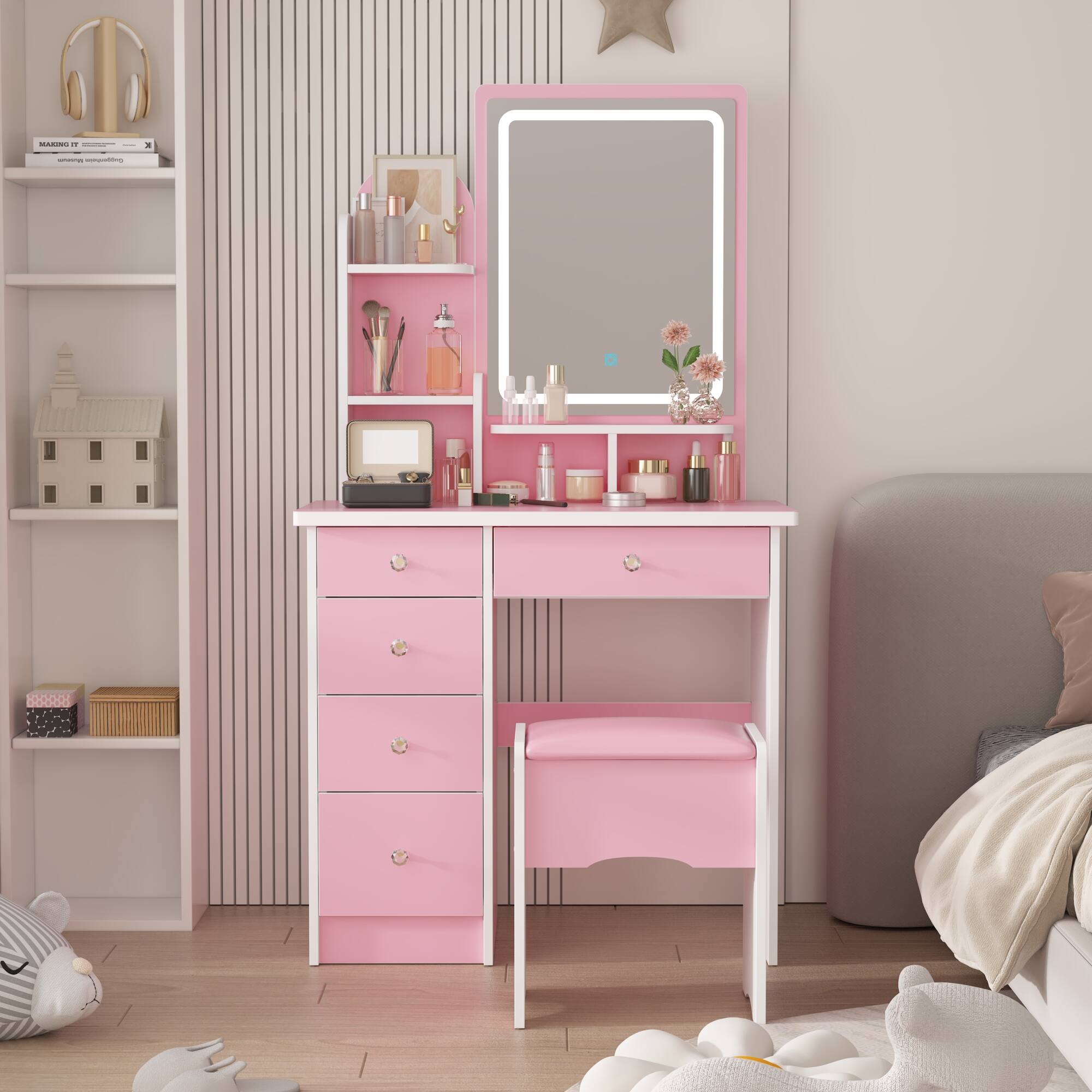 Alt View 9. Famapy - Vanity Table with LED Mirror Storage Dresser Drawers & Stool – Makeup Organizer for Bedroom - Pink.