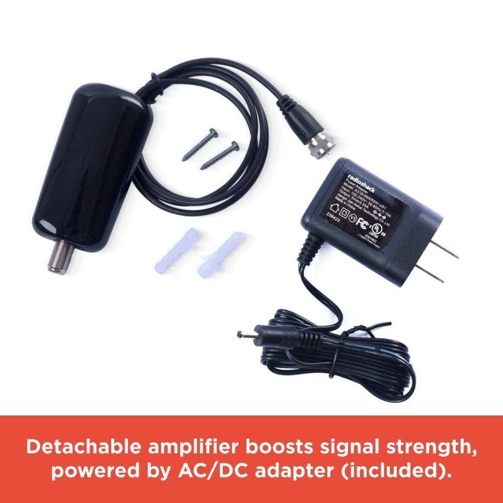 Detachable amplifier boosts signal strength, powered by AC/DC adapter (included).