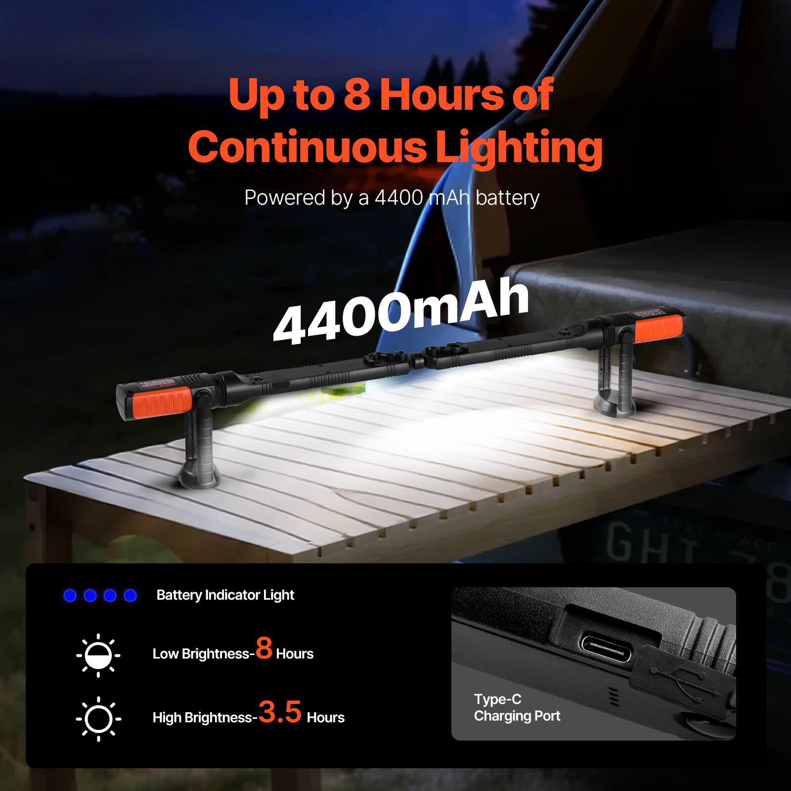Up to 8 Hours of Continuous Lighting  
Powered by a 4400 mAh battery  

4400mAh  

Battery Indicator Light  
Low Brightness - 8 Hours  
High Brightness - 3.5 Hours  

Type-C Charging Port