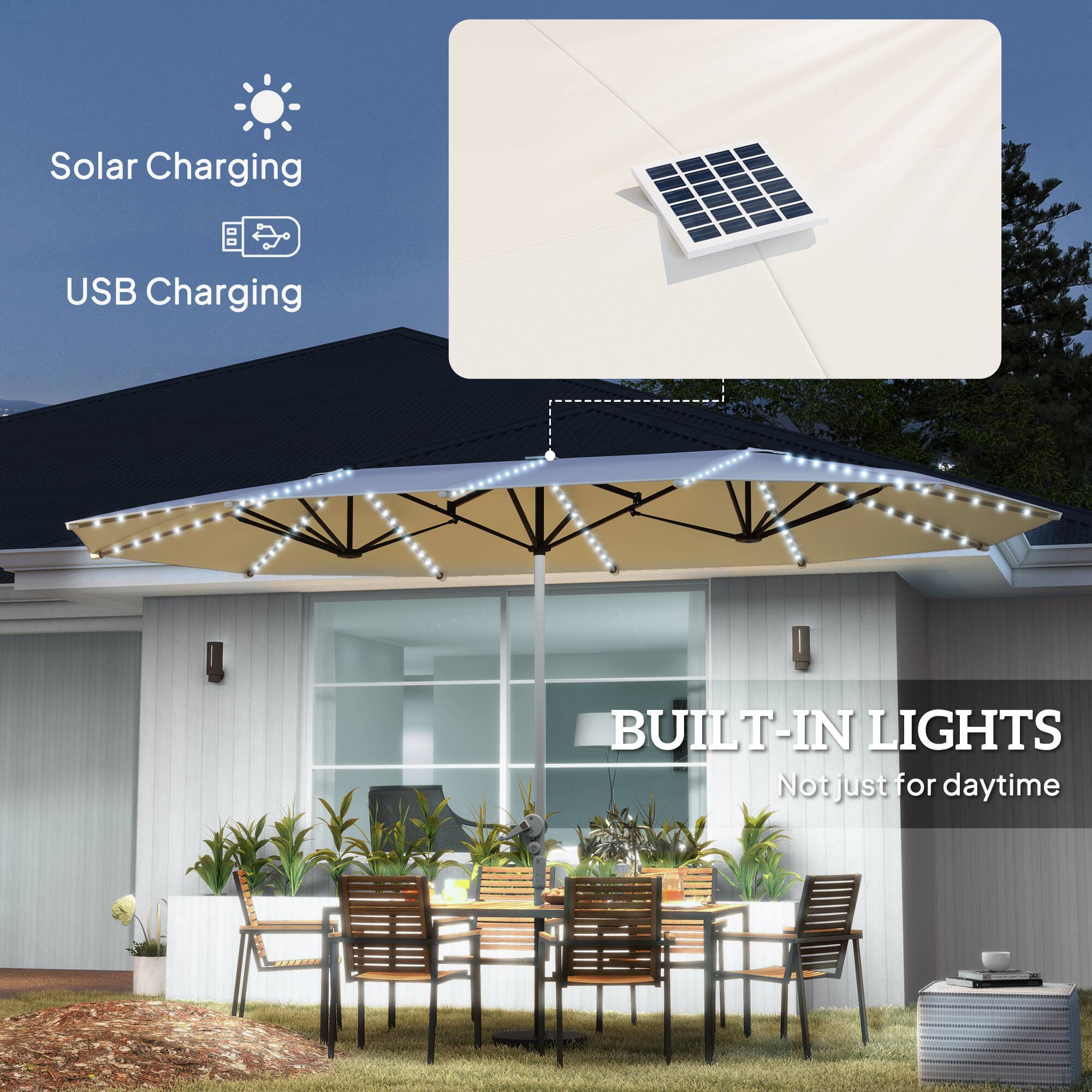 Solar Charging, USB Charging, BUILT-IN LIGHTS, Not just for daytime