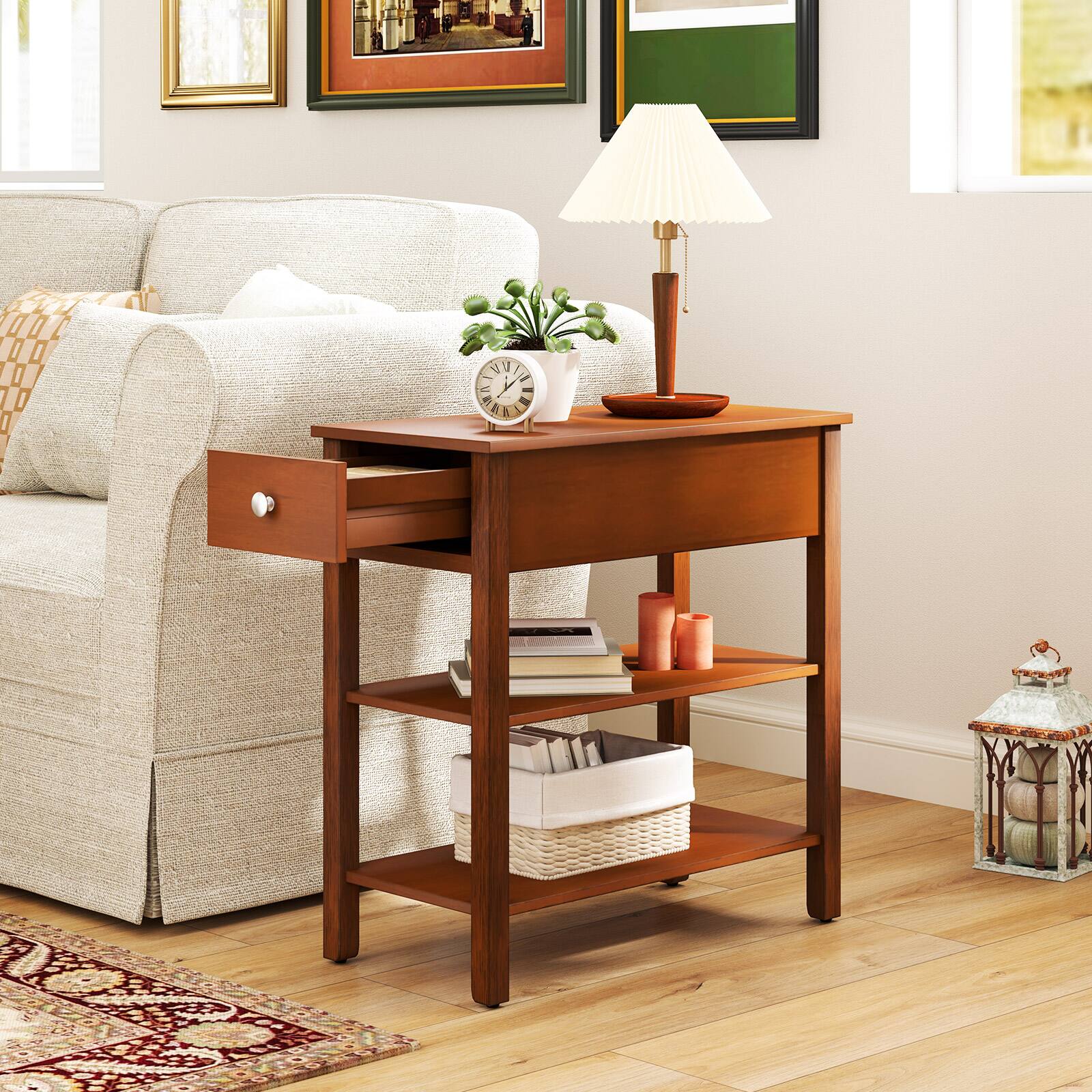 Alt View 1. Gymax - Gymax Narrow End Tables w/Drawer Shelves & Rubber Wood Legs Sofa Side Table Brown - Brown.