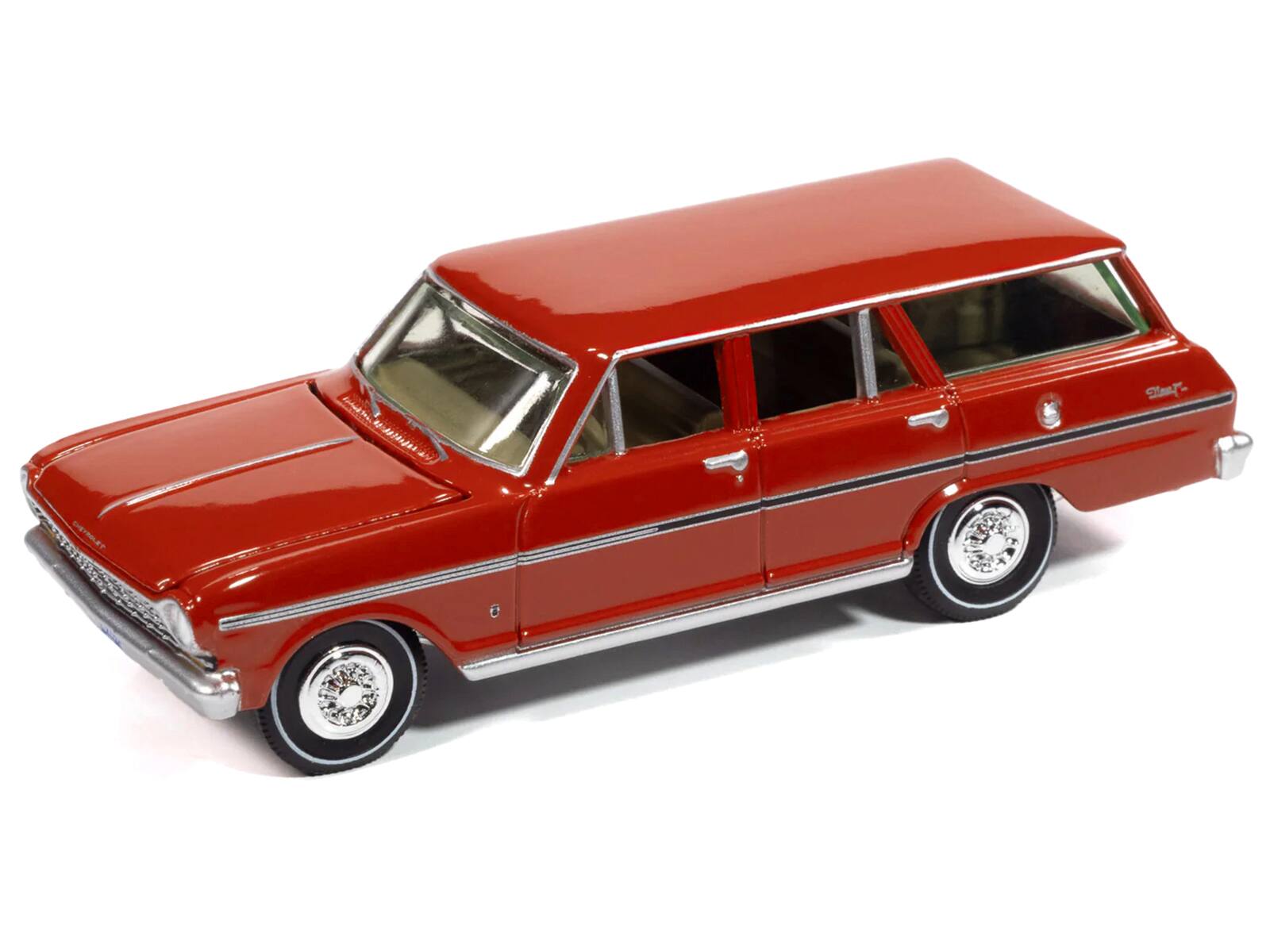 Angle. Autoworld - 1963 Chevrolet II Nova 400 Wagon Riverside Red "Vintage Muscle" Series 1/64 Diecast Model Car by Auto World - Red.
