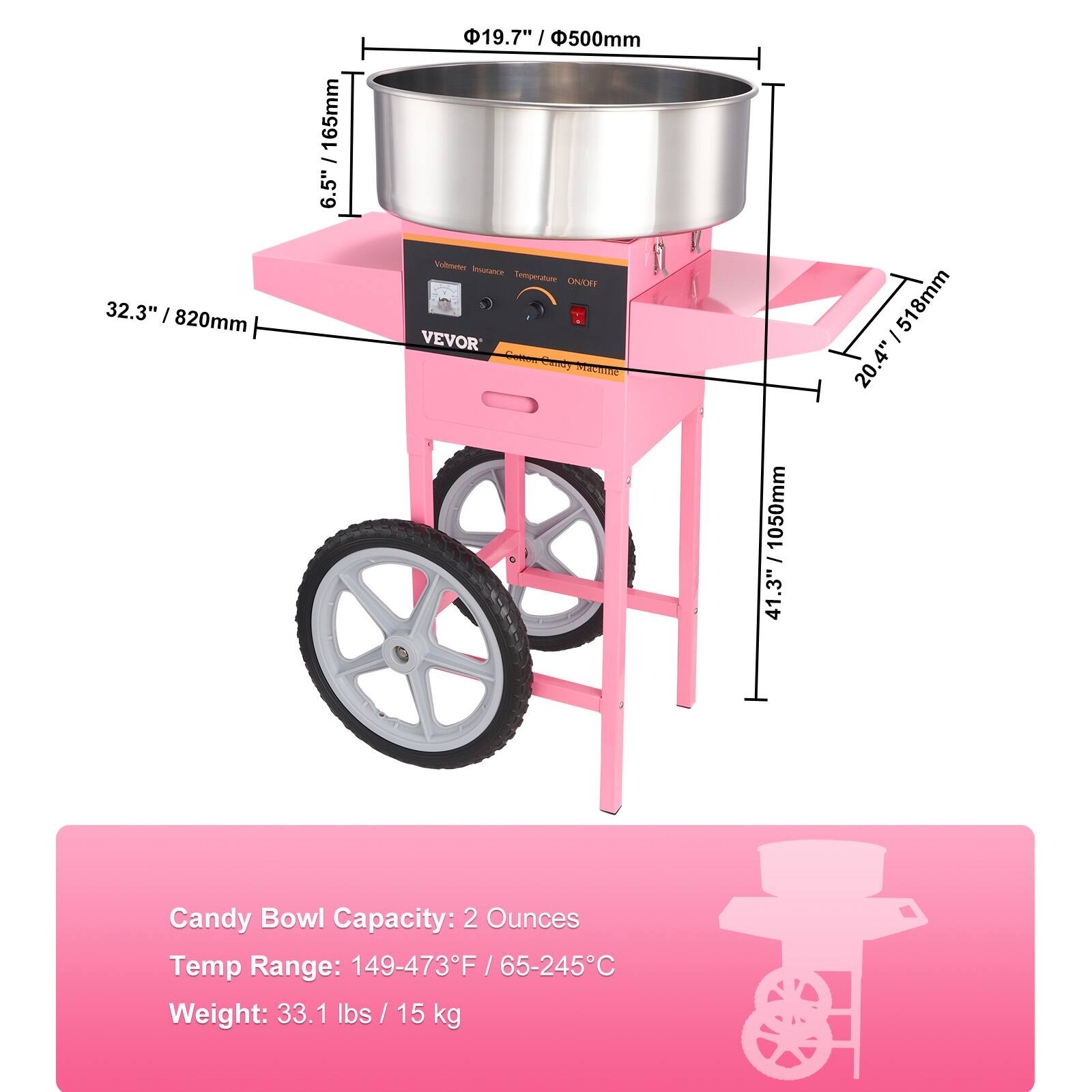 165mm 6.5" 19.7" / 500mm 32.3" / 820mm Vlntr Mouturce Temperature OMFF VEVOR - tIne 518mm - 20.4" 4" 1050mm 41.3" Candy Bowl Capacity: 2 Ounces Temp Range: 149-473F / 65-245 / 65-245C Weight: 33.1 lbs / 15 kg