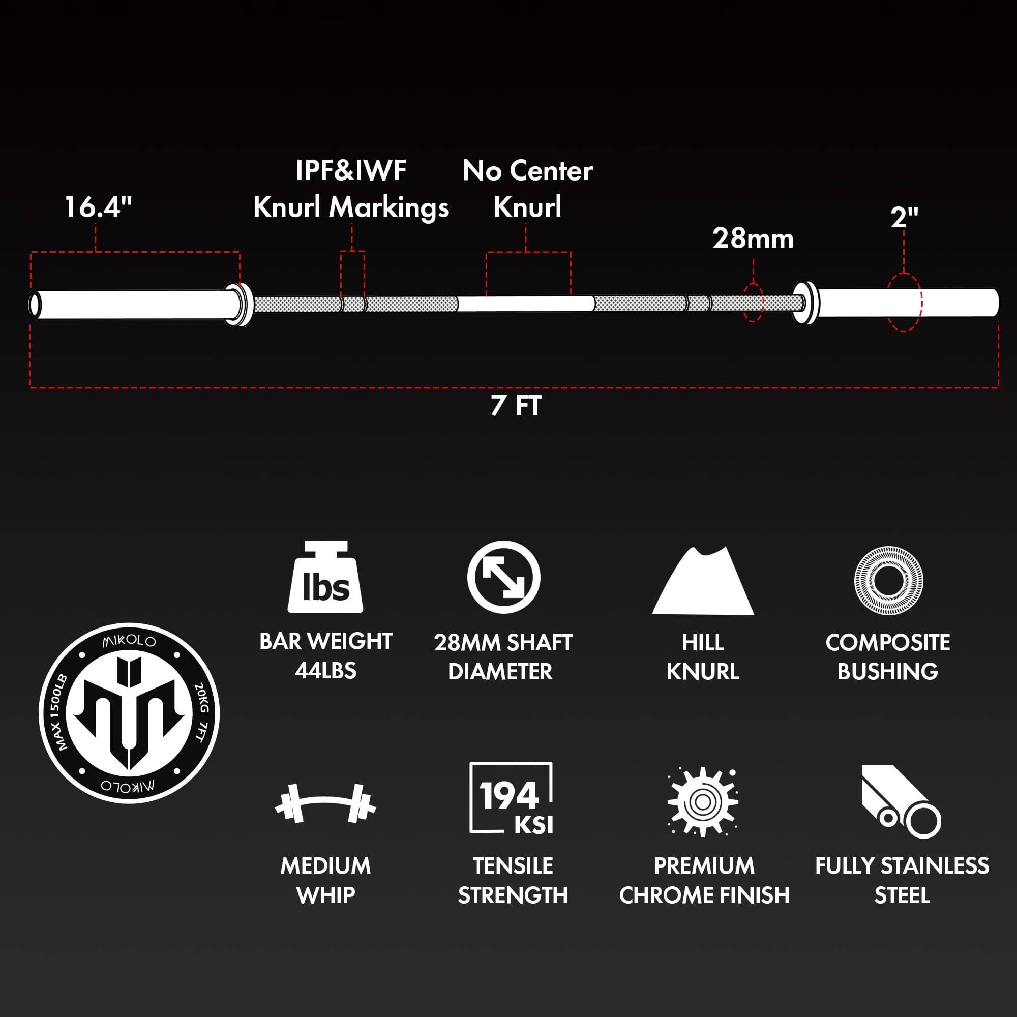 16.4" IPF&IWF No Center Knurl Markings Knurl 28mm 2" 7 FT lbs 500LB MAX MNKOL WIKTO 20KG 7FT BAR WEIGHT 28MM SHAFT 44LBS DIAMETER 194 KSI HILL KNURL COMPOSITE BUSHING MEDIUM WHIP TENSILE PREMIUM FULLY STAINLESS STRENGTH CHROME FINISH STEEL

- 16.4"
- IPF&IWF Knurl Markings
- No Center Knurl
- 28mm
- 2"
- 7 FT

- BAR WEIGHT 44LBS
- 28MM SHAFT DIAMETER
- HILL KNURL
- COMPOSITE BUSHING
- MEDIUM WHIP
- 194 KSI TENSILE STRENGTH
- PREMIUM CHROME FINISH
- FULLY STAINLESS STEEL
