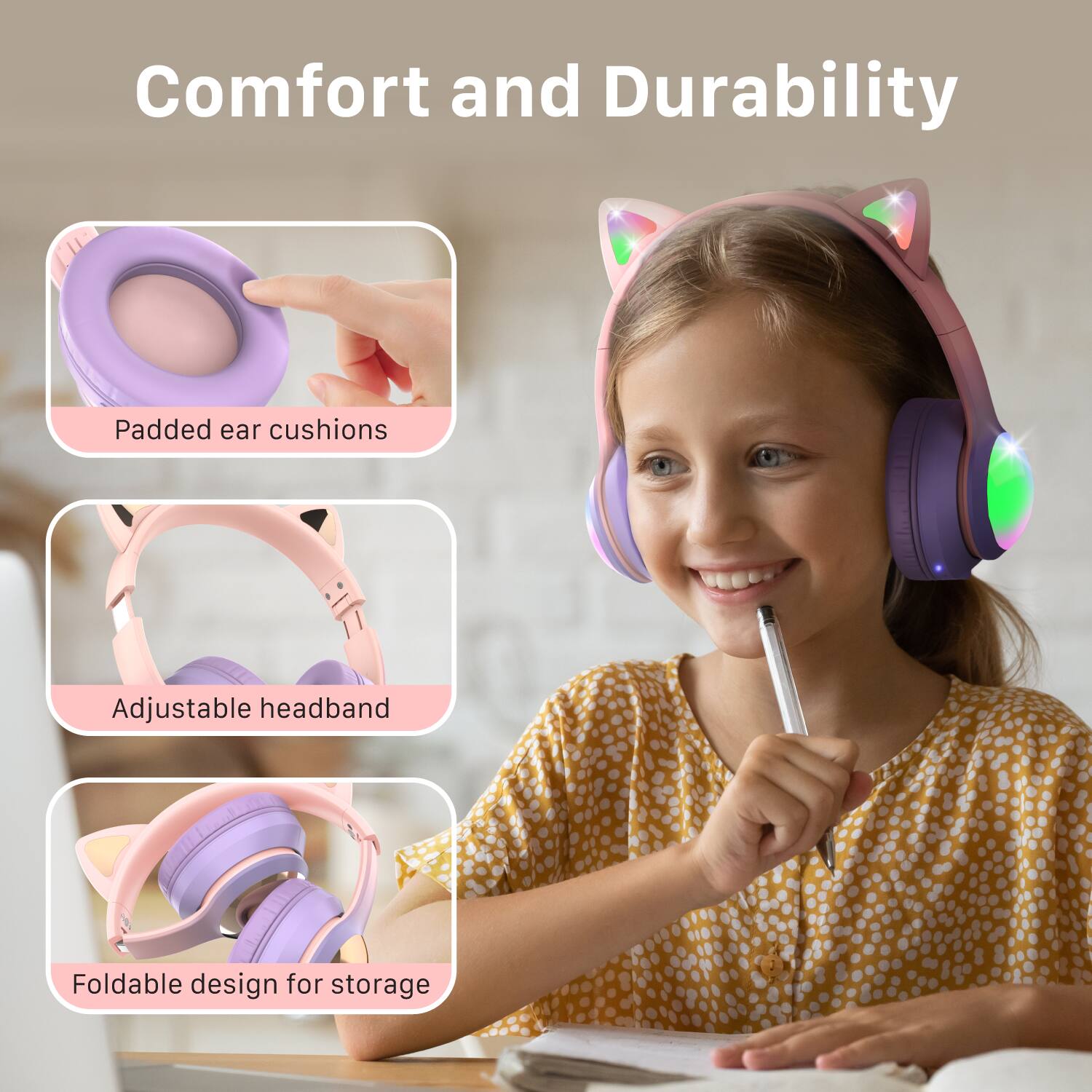 Comfort and Durability

Padded ear cushions

Adjustable headband

Foldable design for storage
