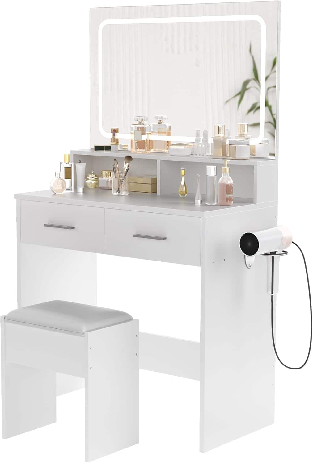GARVEE - Vanity Desk with Mirror and Lights, 3 Color Modes Makeup Vanity with Cushioned Stool, 2 Drawers & Charging Station - White