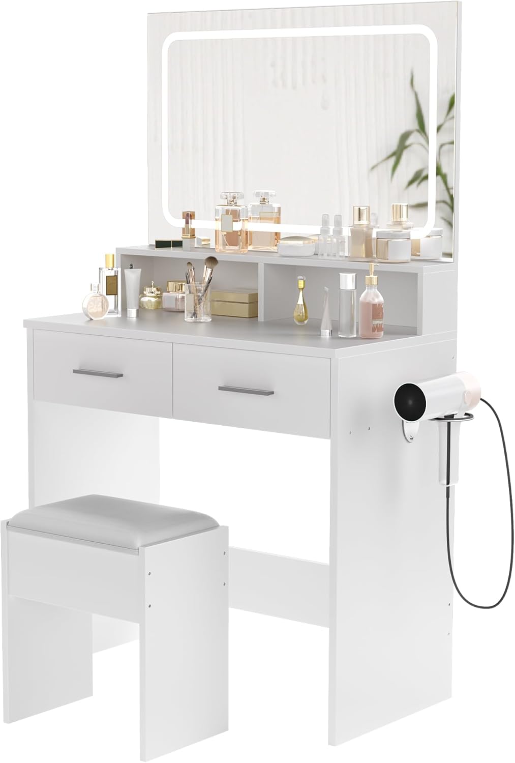 Front. GARVEE - Vanity Desk with Mirror and Lights, 3 Color Modes Makeup Vanity with Cushioned Stool, 2 Drawers & Charging Station - white.