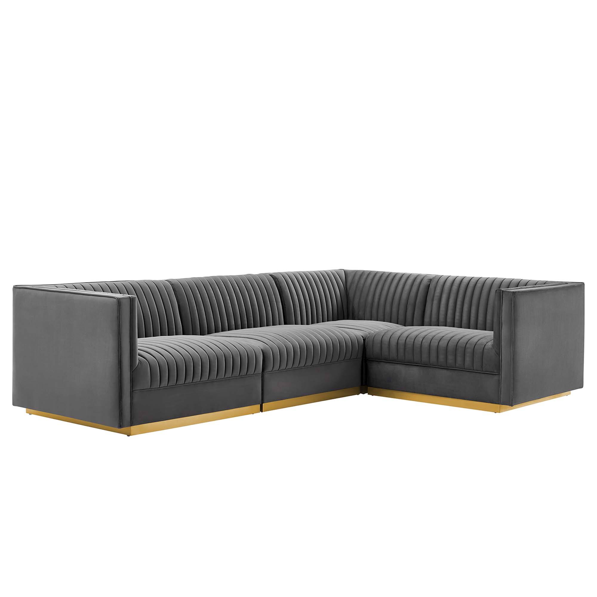 Front. Modway - Sanguine 4-Piece Channel Tufted Performance Velvet Right-Facing Modular Sectional Sofa by Modway - Gray.