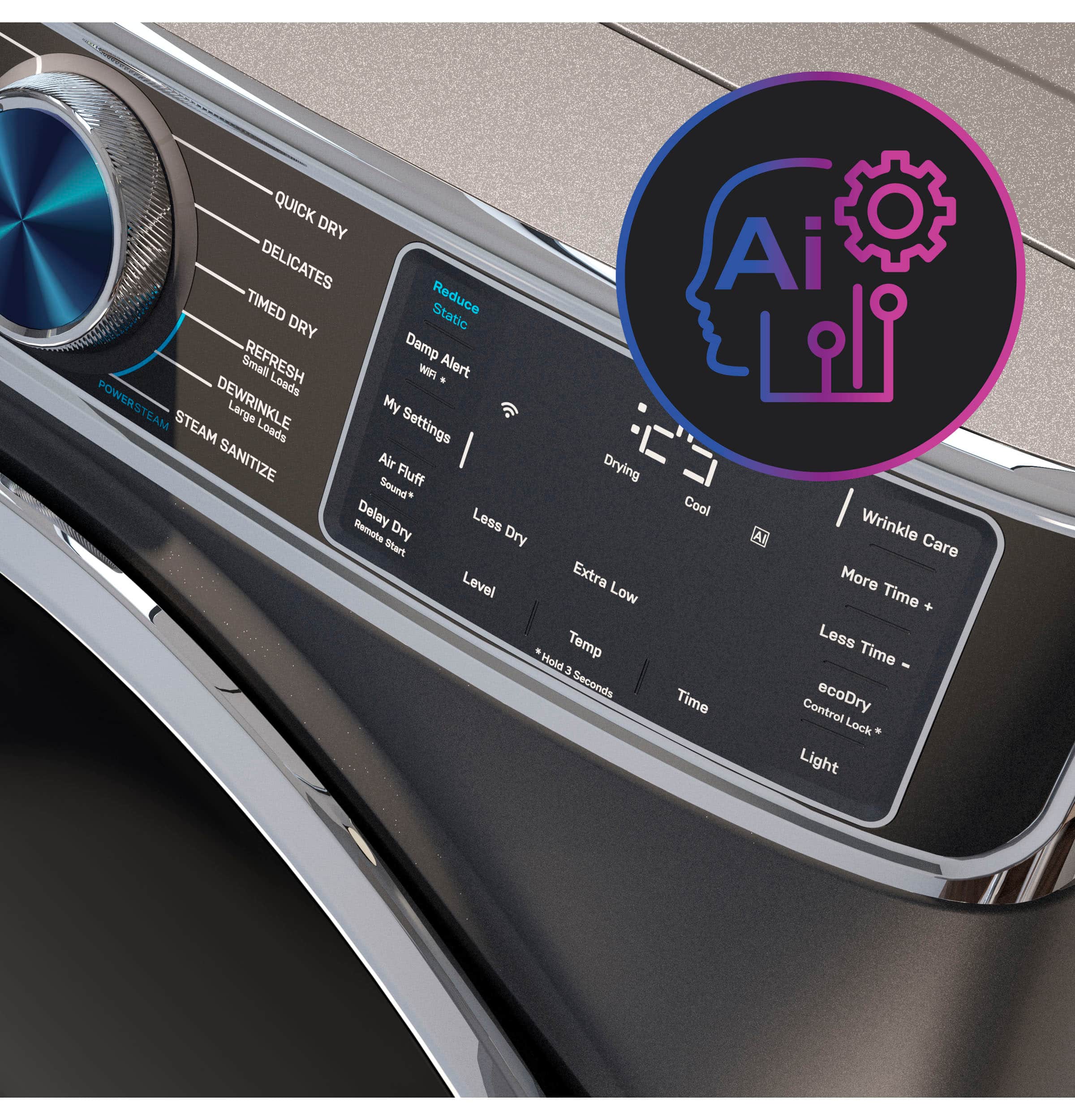 The text on the image is grouped and corrected as follows:
1. Quick Dry: This setting allows for faster drying of clothes.
2. Delicates: This setting is designed for delicate items that require a gentler drying process.
3. Timed Dry: This setting allows for a specific amount of time for drying clothes.
4. Static Reduce: This setting helps to reduce static electricity in the clothes.
5. Refresh: This setting refreshes clothes after a wash cycle.
6. Damp: This setting is for clothes that are still damp after a wash cycle.
7. Small Loads: This setting is for smaller loads of clothes.
8. Wrinkle Alert: This setting alerts the user when clothes have wrinkles.
9. Large Loads: This setting is for larger loads of clothes.
10. My Settings: This setting allows the user to customize the drying options.
11. Sanitize: This setting sanitizes clothes after a wash cycle.
12. Air Fluff: This setting uses air to fluff clothes.
13. Dry Dry Start: This setting starts the drying process with a dry cycle.
14. Level: This setting adjusts the drying level.
15. Extra Low: This setting is for delicate items that require a gentler drying process.
16. Temp Hold: This setting holds the temperature for 3 seconds.
17. Ai Cool: This setting uses AI technology to cool clothes.
18. Wrinkle Care: This setting helps to reduce wrinkles in clothes.
19. More Time + Less Time: This setting allows the user to adjust the drying time.
20. Time Control: This setting allows the user to control the drying time.
21. ecoDry Lock: This setting helps to reduce energy consumption.
22. Light: This setting uses a light to dry clothes.