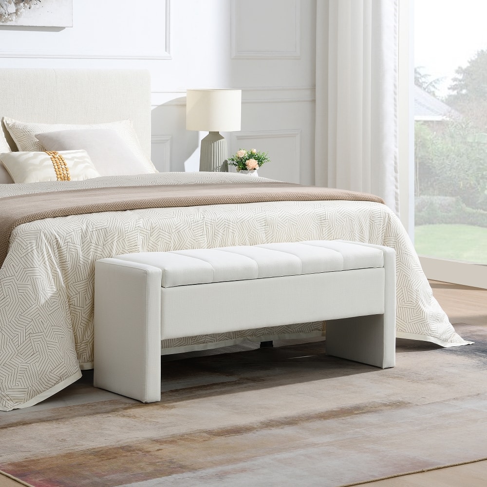 Ropilly - Modern Bed End Bench with Storage Linen Upholstered Foot Rest Stool Entryway Window Bench - White price history on PriceWatchPro