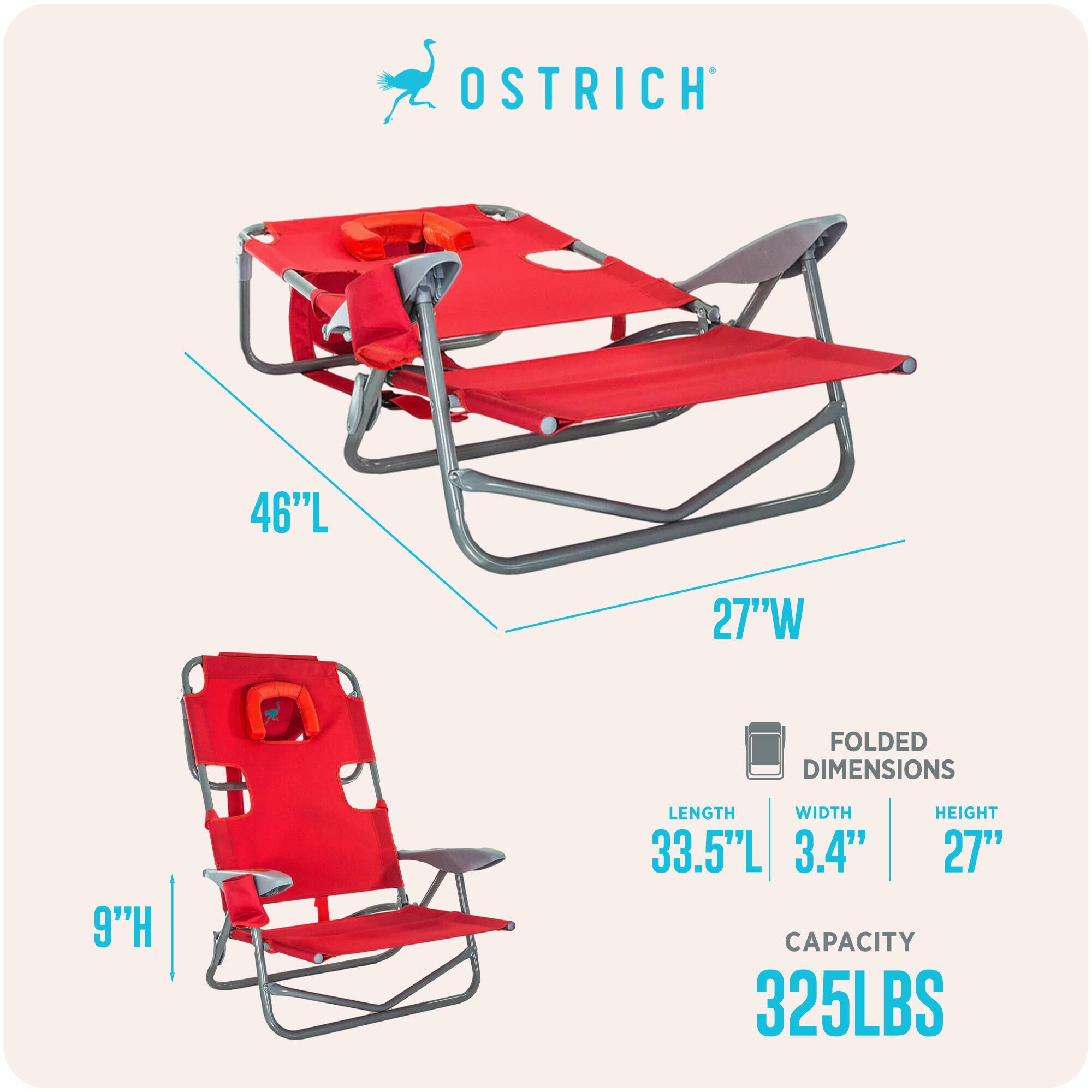 OSTRICH  
46"L x 27"W  
FOLDED DIMENSIONS: 33.5"L x 3.4"W x 9"H  
CAPACITY: 325LBS