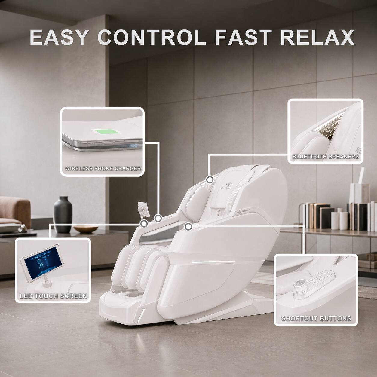 EASY CONTROL FAST RELAX

- WIRELESS PHONE CHARGER
- BLUETOOTH SPEAKERS
- LED TOUCH SCREEN
- SHORTCUT BUTTONS