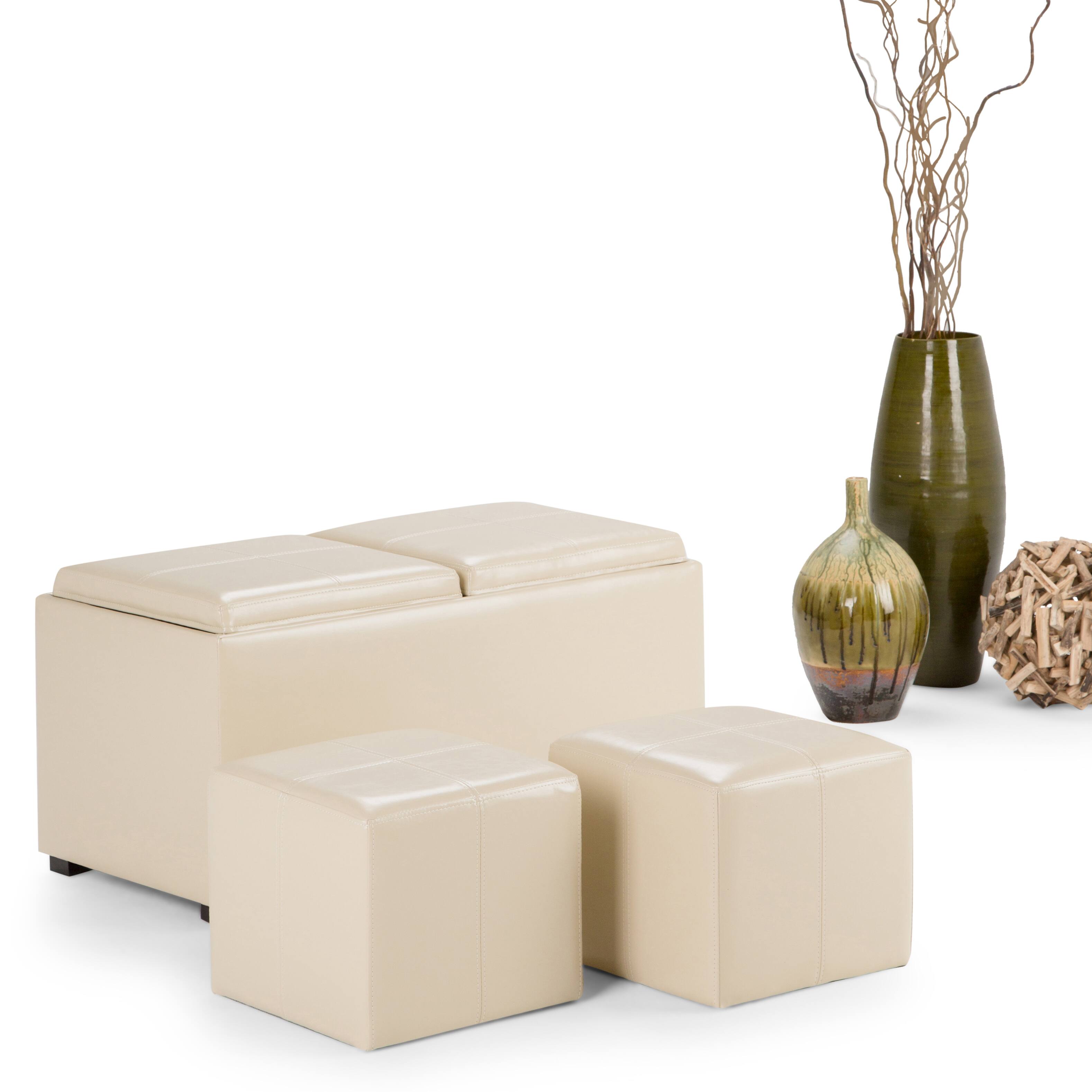 Angle. Simpli Home - Avalon 35 inch Wide Contemporary Rectangle 5 Pc Storage Ottoman in Satin Cream Vegan Faux Leather, Assembled - Satin Cream.