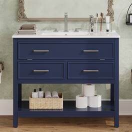 Loheer - 3 ft Bathroom Vanity with Ceramic Sink, Soft-Close Drawers and Open Shelf - Blue