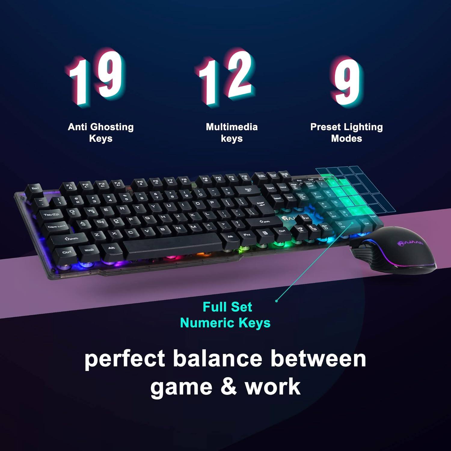 19 Anti Ghosting Keys  
12 Multimedia keys  
9 Preset Lighting Modes  

Full Set Numeric Keys  
perfect balance between game & work