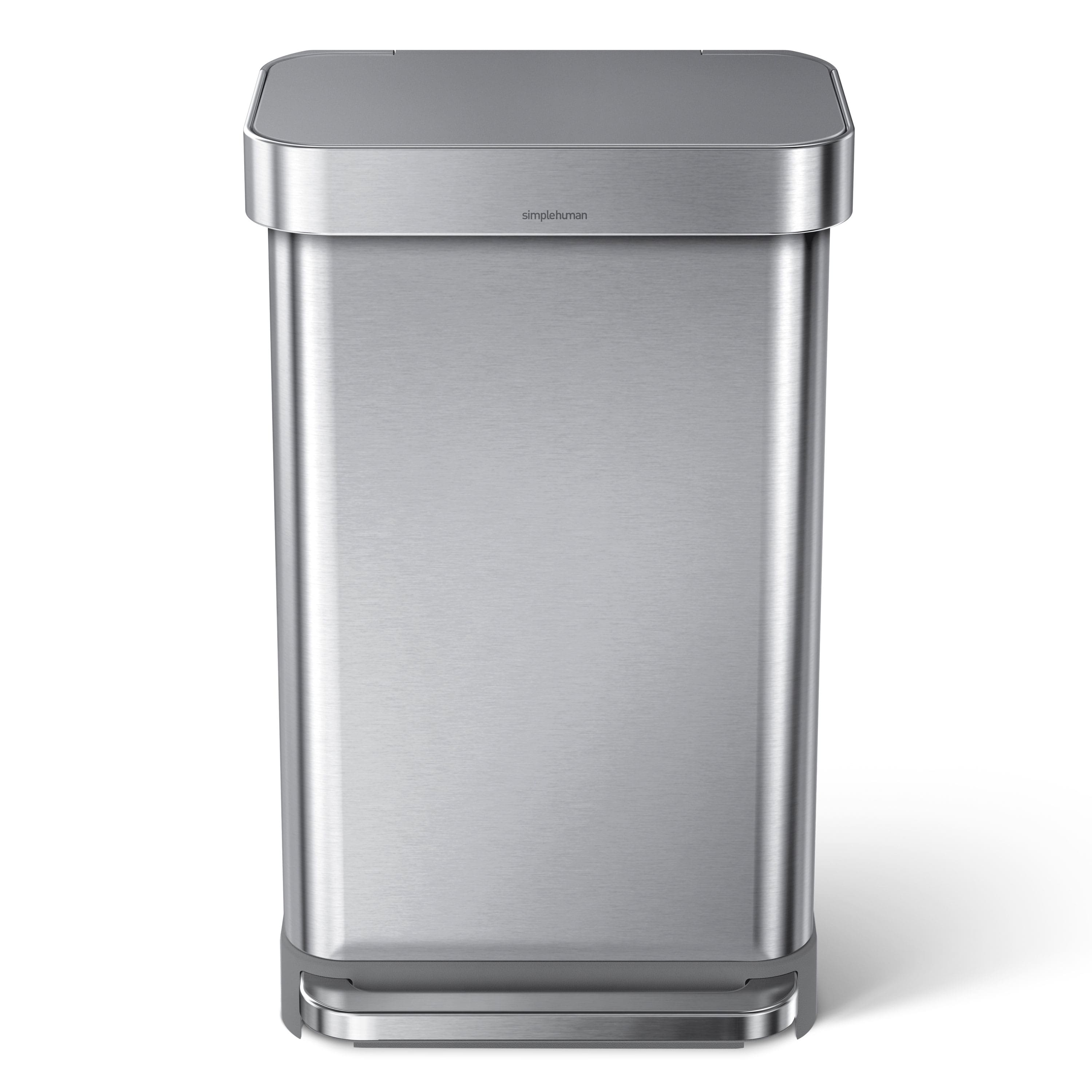 Alt View 2. simplehuman - 45L rectangular step can with liner pocket, brushed stainless steel with grey plastic lid - Brushed.