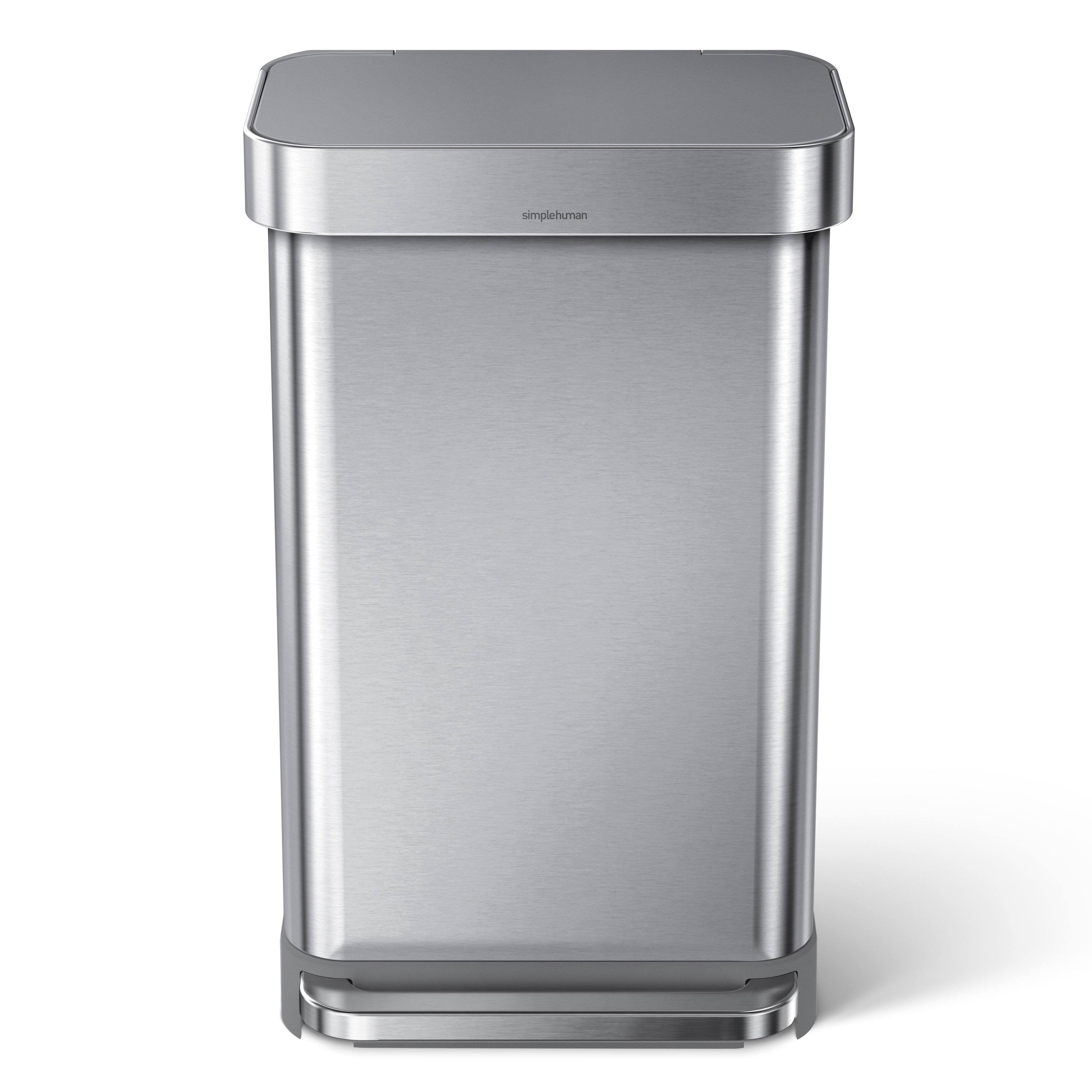 Alt View 2. simplehuman - 45L rectangular step can with liner pocket, brushed stainless steel with grey plastic lid - Brushed.
