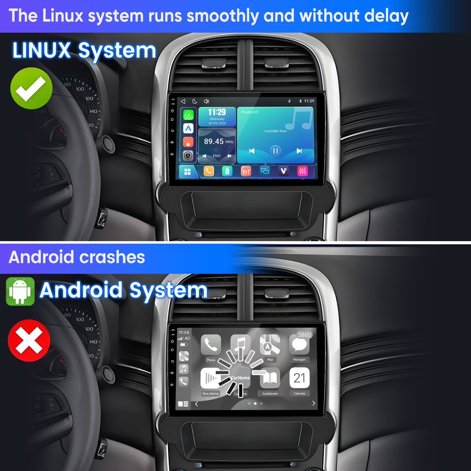 The Linux system runs smoothly and without delay  
LINUX System

Android crashes  
Android System