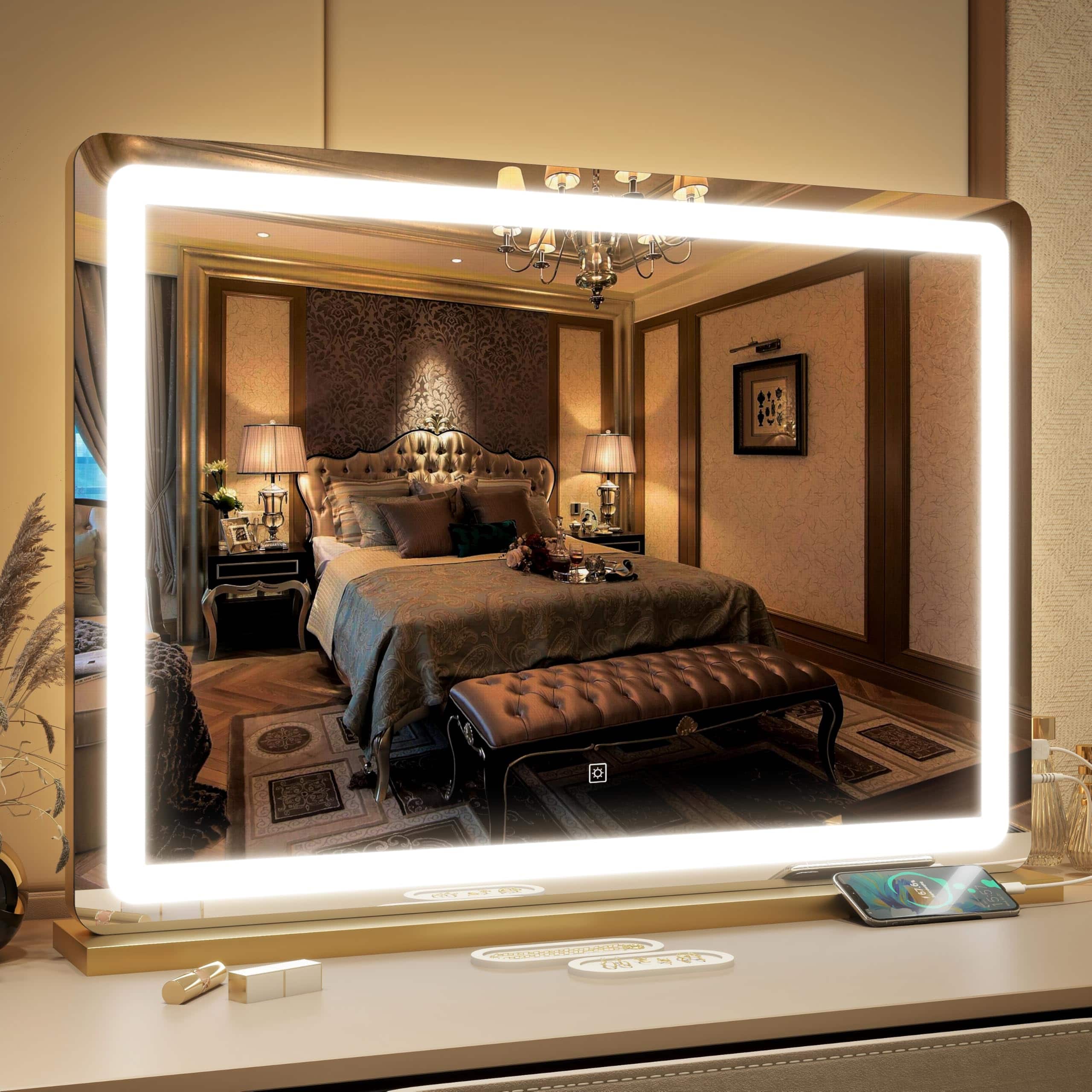 Skar Audio - Vanity With Lights 14 12 Makeup Lighted Tabletop Smart Touch 3 color Lighting Dimmable For Desk Adjustable - Gold 32"L x 22"W