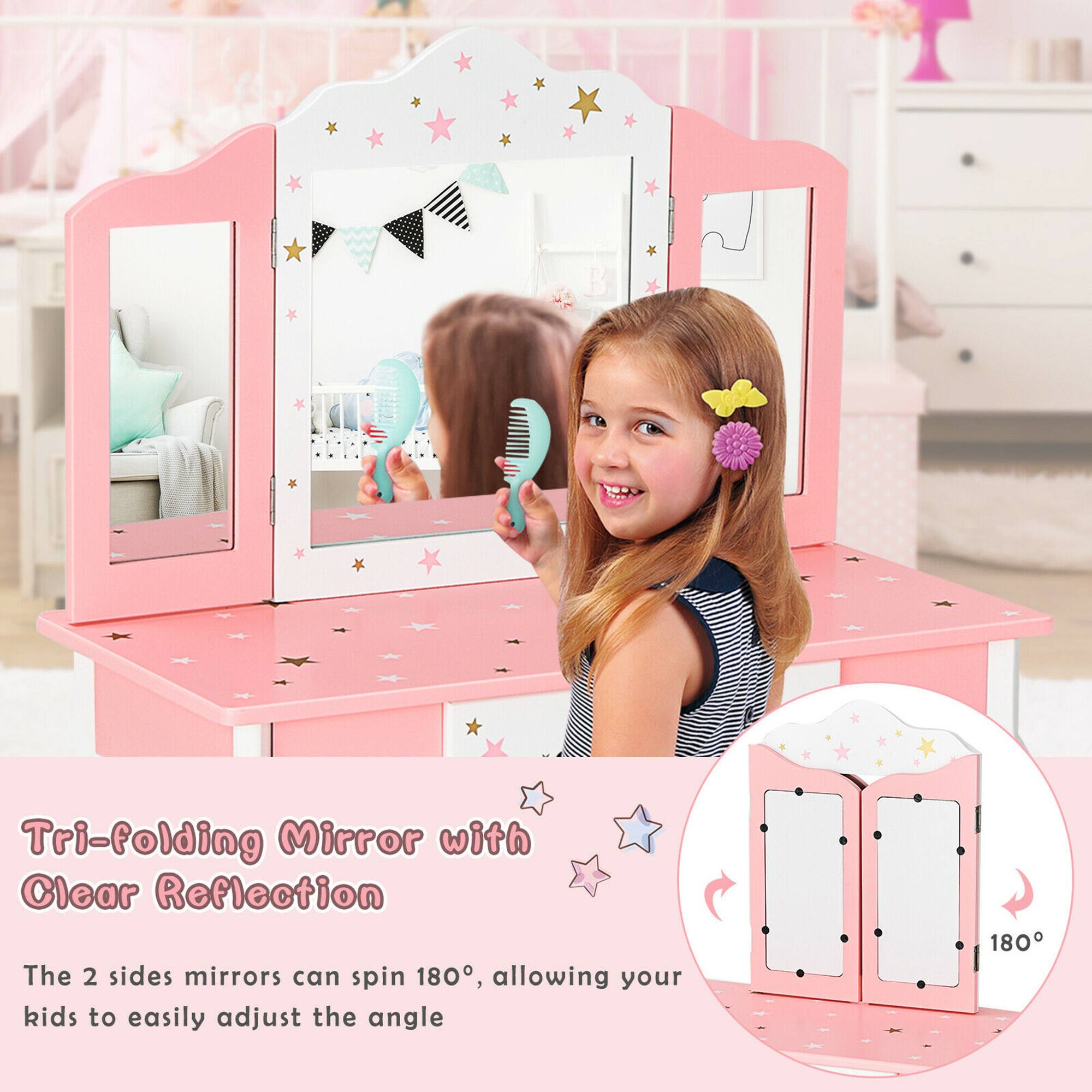 Tri-folding Mirror with Clear Reflection

The 2 sides mirrors can spin 180°, allowing your kids to easily adjust the angle 180°