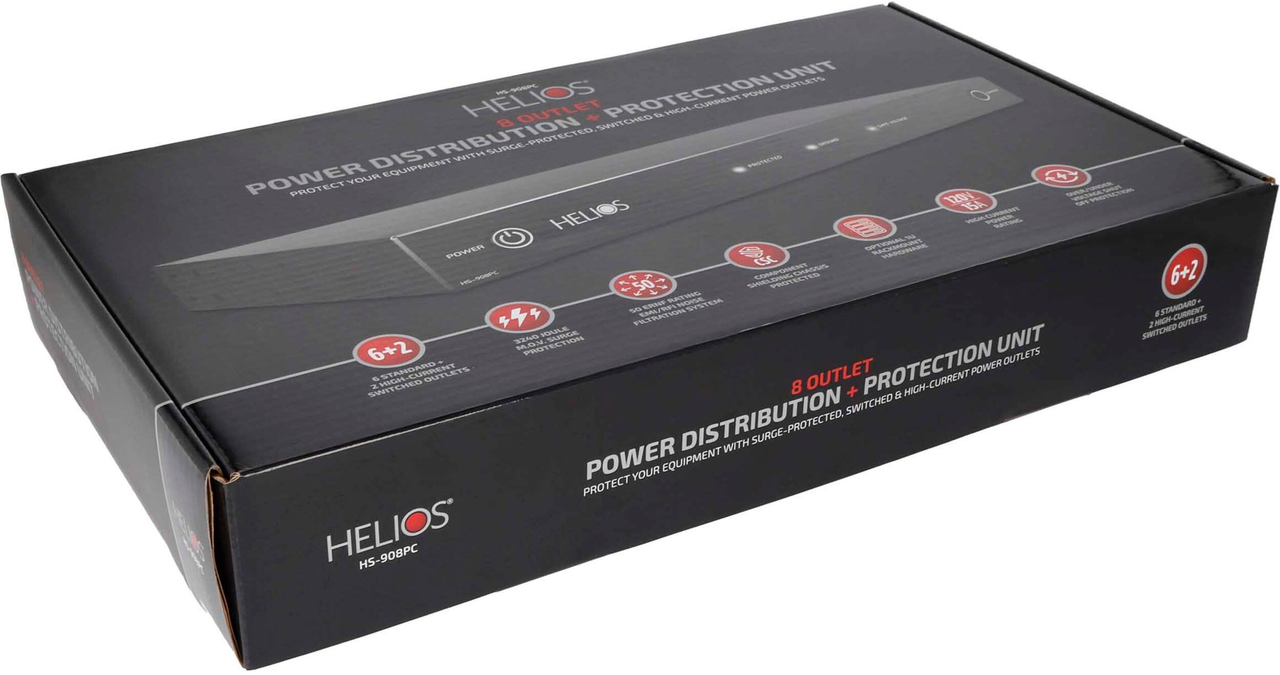 The text on the image reads: "HELIOS PROTECTION POWER DISTRIBUTION EQUIPMENT WITH SURGE PROTECTION 8 OUTLET ~ SAVITCHED EED 6+2 MOM PROTECTION & RATINGS 2 HIGH-CURRENT OUTLETS 140 JOULE SRGE UNIT SWITCHED 6+2 MOM PROTECTION OUTLETS SWITCHED ESTANDARD-GUTLEYS 8 OUTLET + PROTECTION & HIGH-CURRENT POWER SWITCHED DISTRIBUTION WITH SURGE-PROTECTED, POWER YOUR EQUIPMENT PROTECT HELIOS HS-908PC."