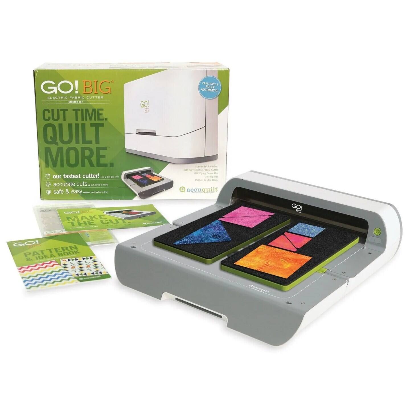 GO! BIG ELECTRIC FABRIC CUTTER. CUT TIME. QUILT MORE. our fastest cutter! accurate cuts I safe & easy. GO! BIG FOOT A4 FULLY AUTOMATIC. -od s - G to N Fa - - TumE - - Sumy -u - + - accuquilt. GO! MAKE THE CUT. GO! BIG PATTERN IDEA BOOK.