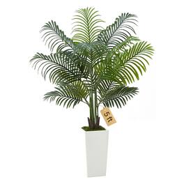 VEVOR - Artificial Areca Palm Tree 5 ft, Fake Palm Tropical Plants with White Tall Planter, Faux Floor Silk Plant in Pot - Green