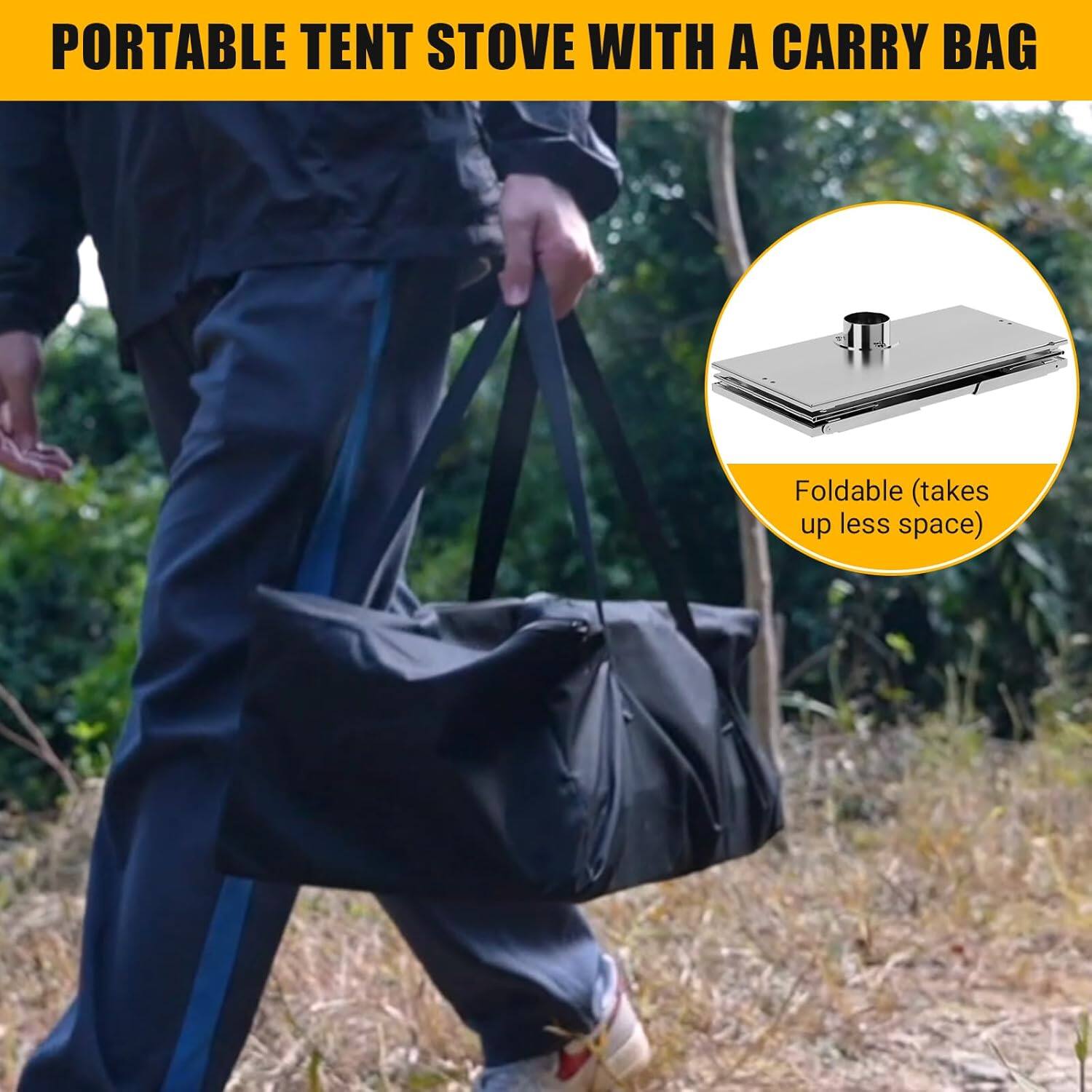 PORTABLE TENT STOVE WITH A CARRY BAG  
Foldable (takes up less space)