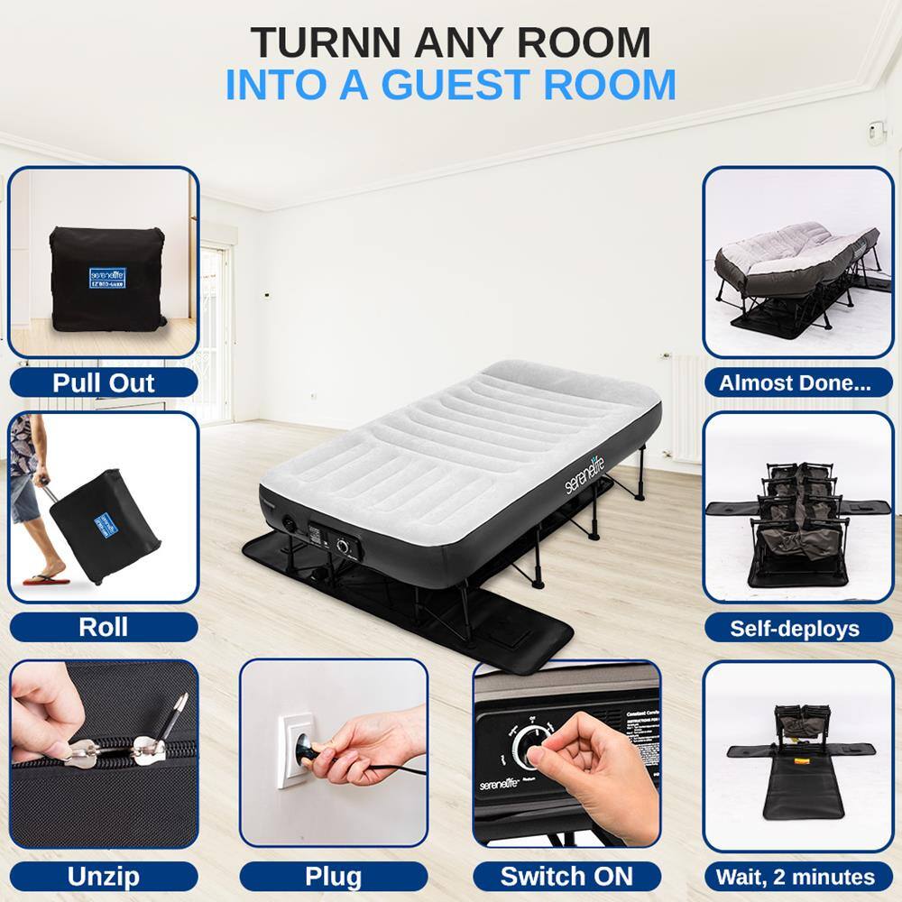 TURN ANY ROOM INTO A GUEST ROOM

- Pull Out
- Roll
- Unzip
- Plug
- Switch ON
- Wait, 2 minutes
- Self-deploys
- Almost Done...