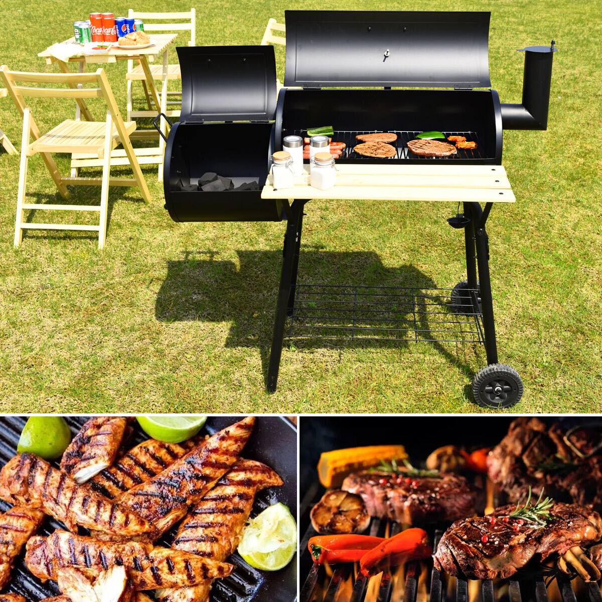 Left. Costway - Outdoor BBQ Grill Charcoal Barbecue Pit Patio Backyard Meat Cooker Smoker - Black.