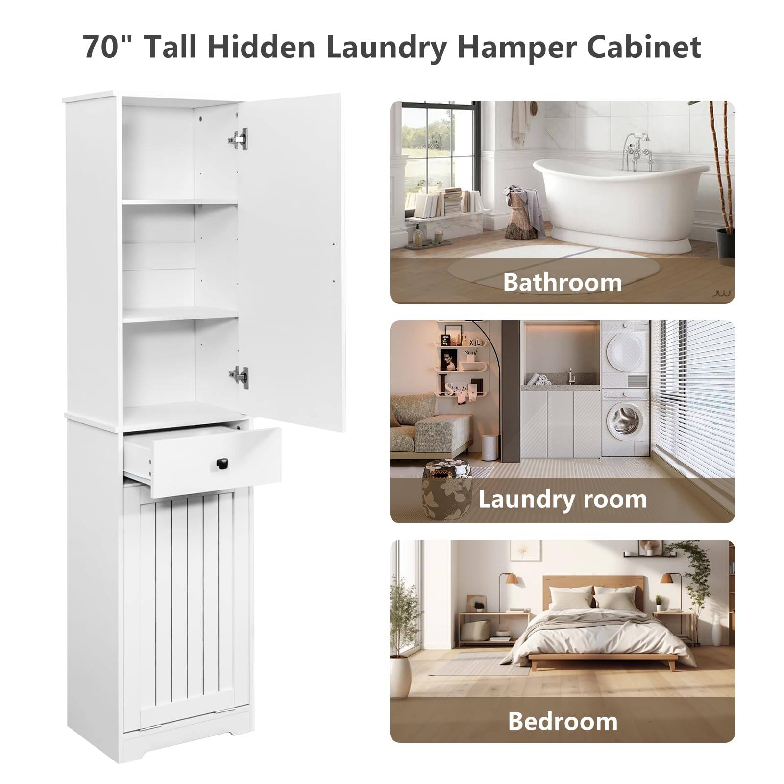 70" Tall Hidden Laundry Hamper Cabinet

Bathroom

Laundry room

Bedroom