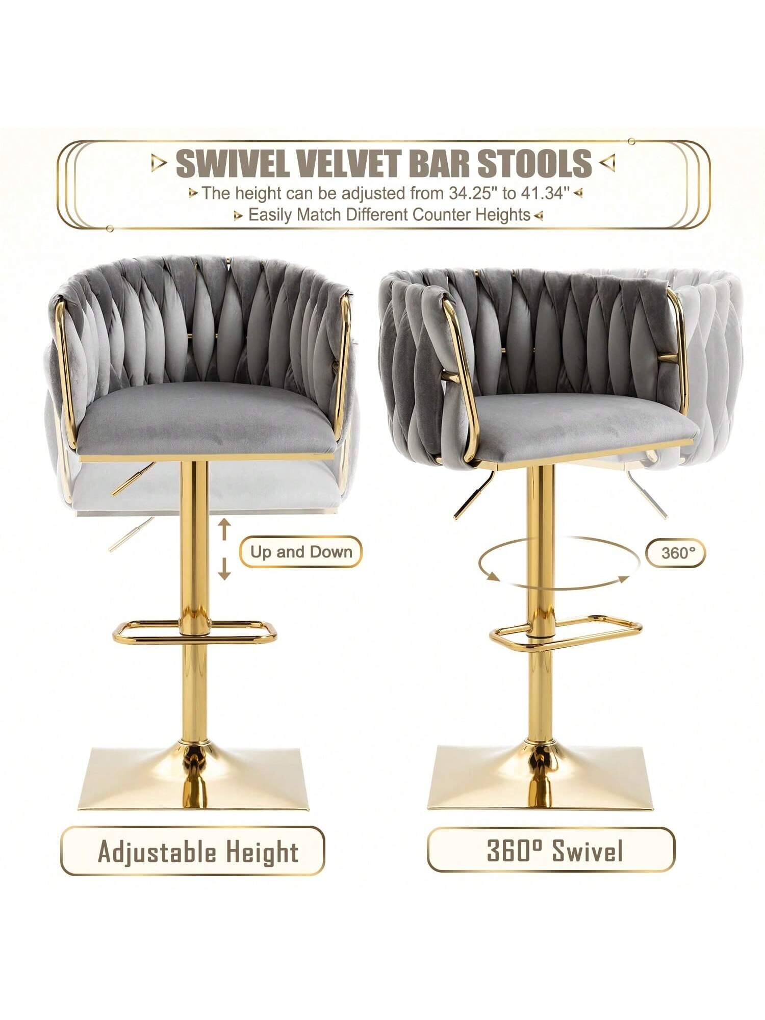 SWIVEL VELVET BAR STOOLS

- The height can be adjusted from 34.25" to 41.34"
- Easily Match Different Counter Heights

Adjustable Height
Up and Down

360° Swivel
360°