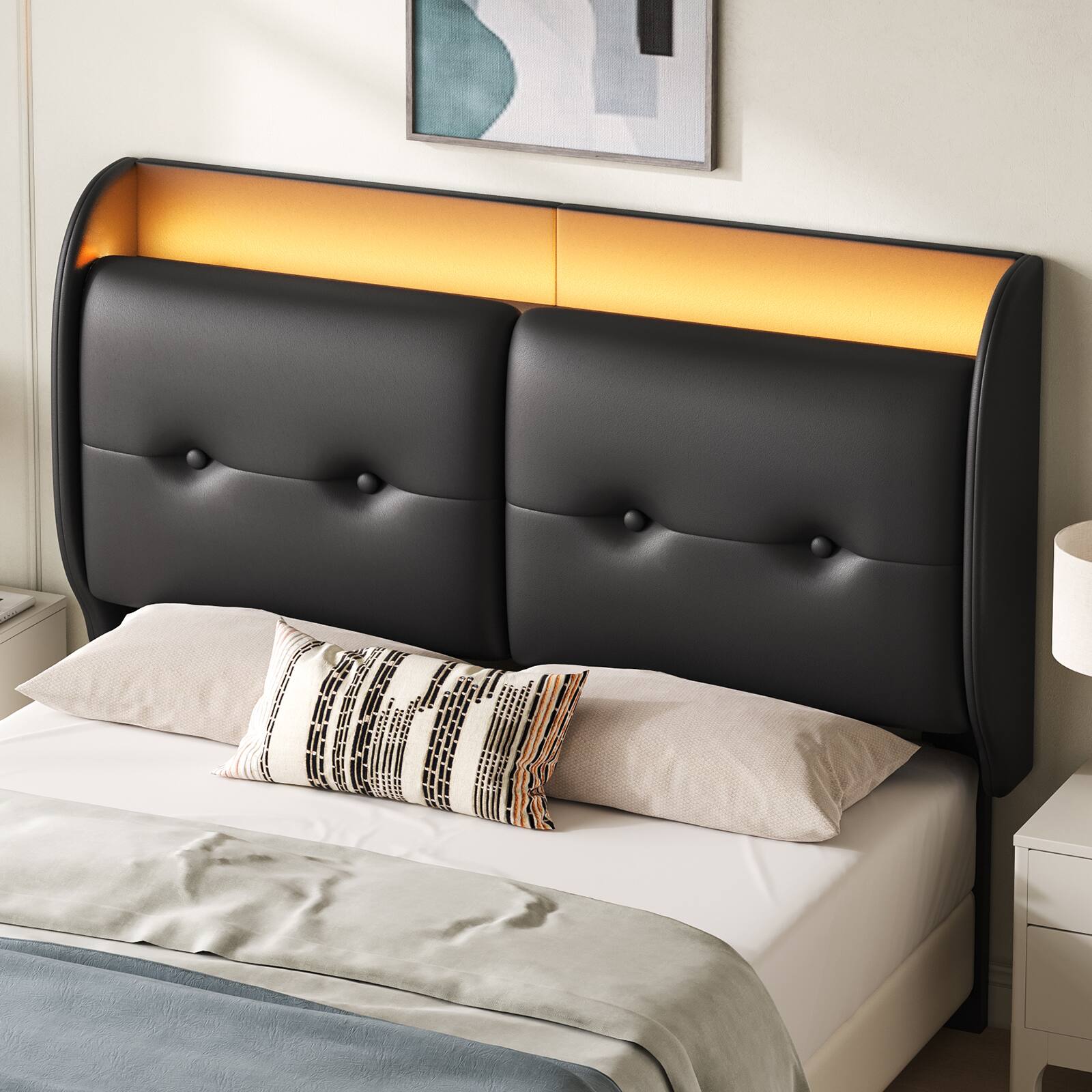 Angle. Pinmoco - LED Upholstered Headboard with Storage Shelves, USB Ports - Black.