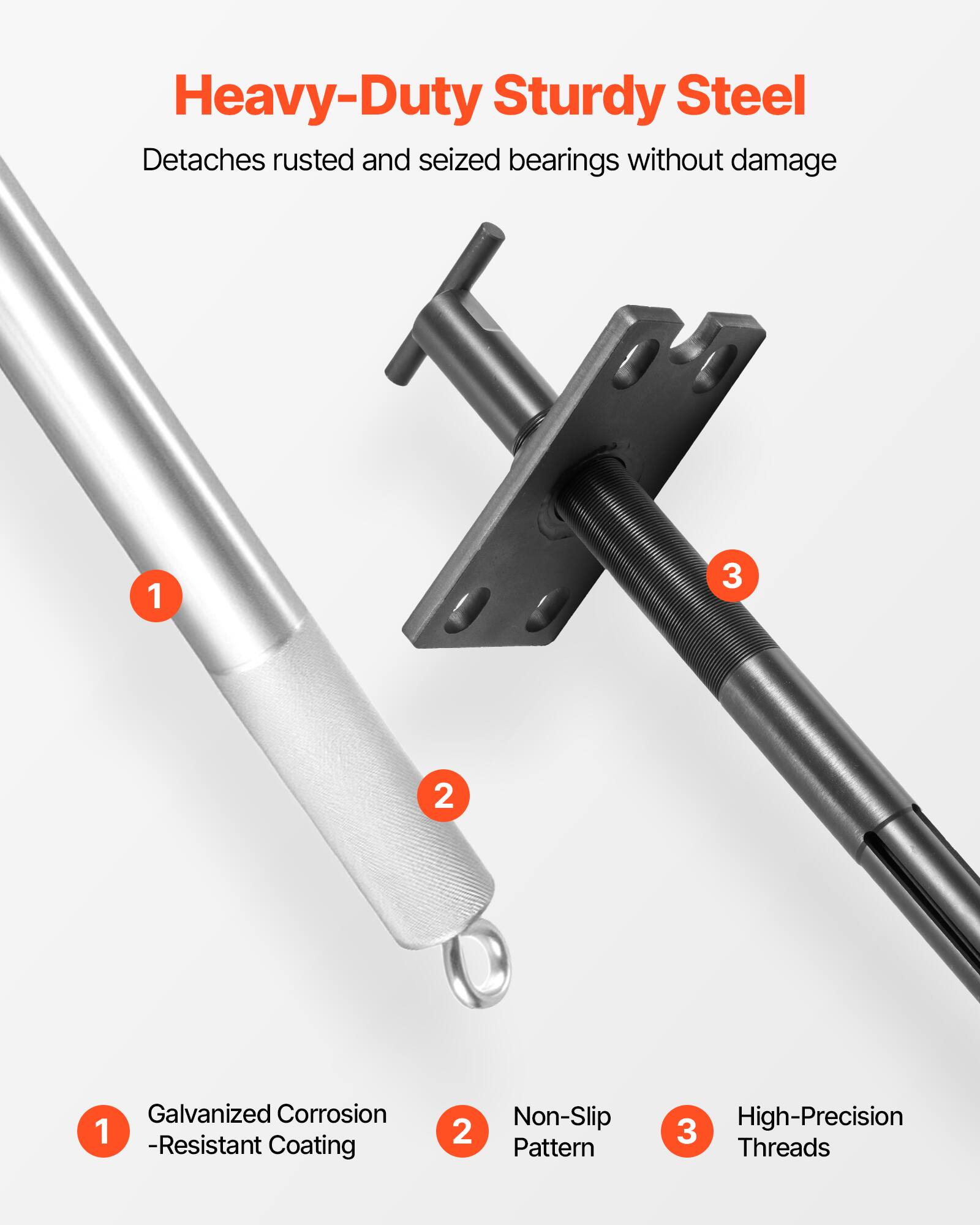 Heavy-Duty Sturdy Steel  
Detaches rusted and seized bearings without damage

1. Galvanized Corrosion-Resistant Coating  
2. Non-Slip Pattern  
3. High-Precision Threads