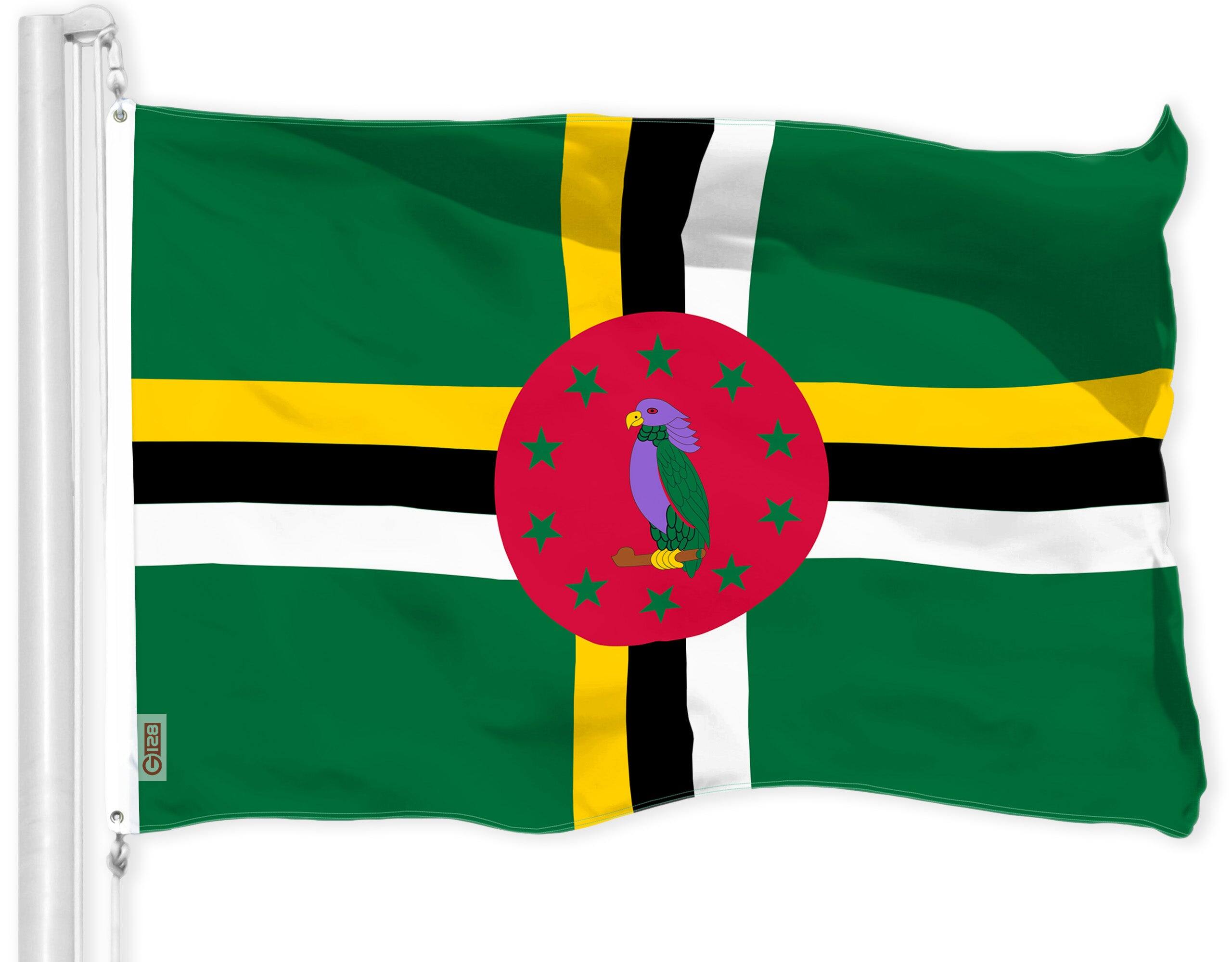 Front. G128 - Dominica Flag 3x5 ft, 150D Heavy-Duty Polyester, Brass Grommets, Indoor/Outdoor. - Assorted Colors.