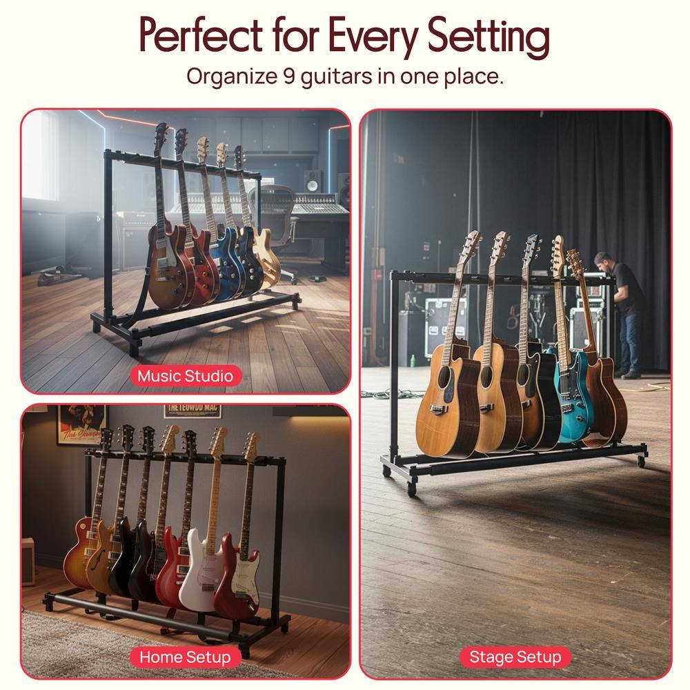 Perfect for Every Setting  
Organize 9 guitars in one place.  

Music Studio  
Home Setup  
Stage Setup