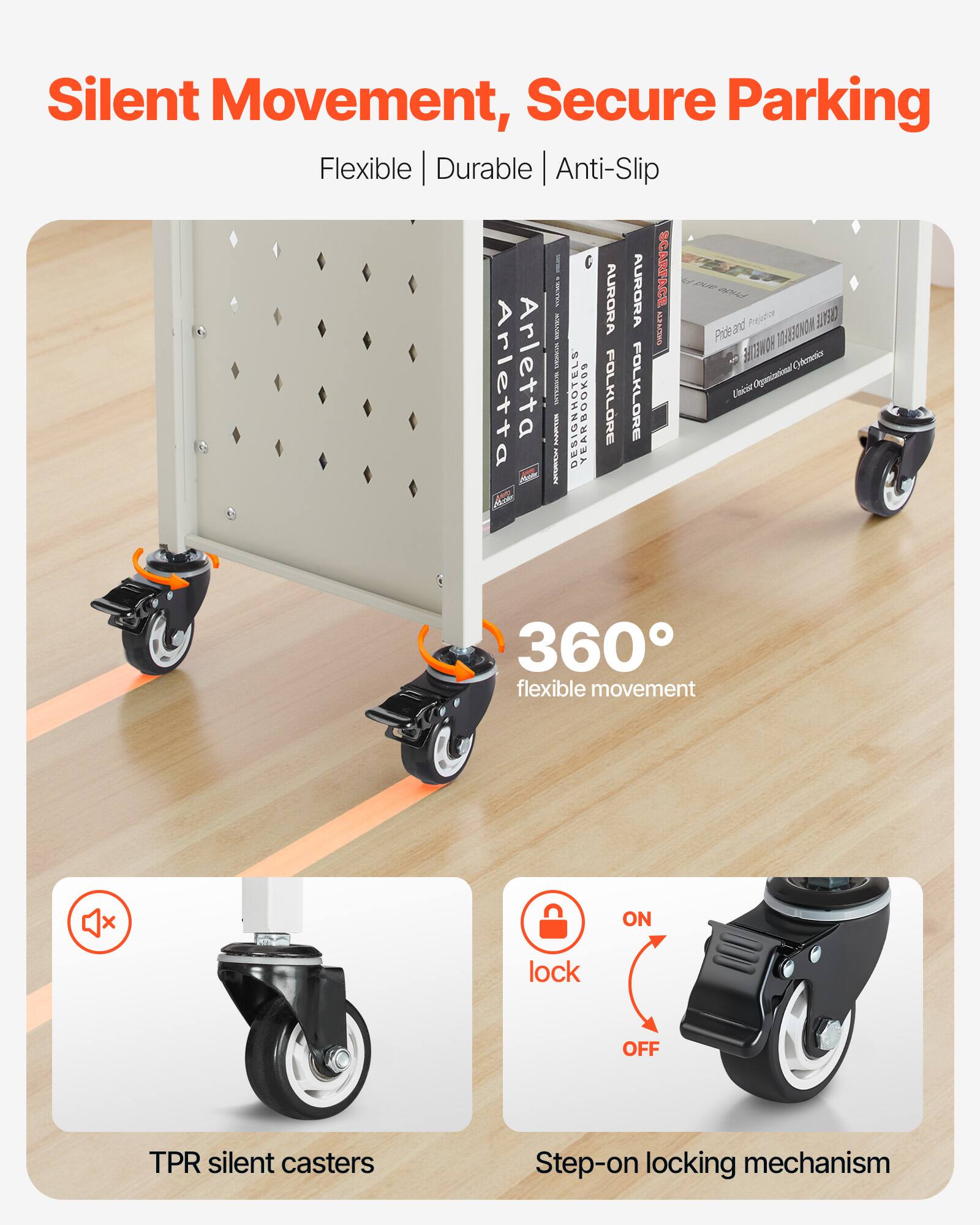 Silent Movement, Secure Parking  
Flexible | Durable | Anti-Slip  

360° flexible movement  

TPR silent casters  

Step-on locking mechanism  
lock  
ON  
OFF