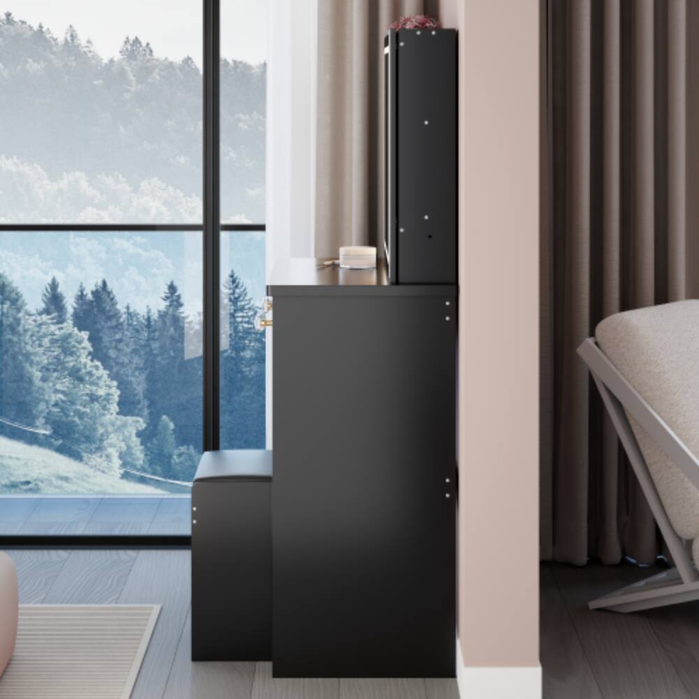 Alt View 3. LUCKY ONE - 37in Freestanding Vanity Set with Sliding Mirror, Stool and Multi-Layer Storage for Bedroom - Black.